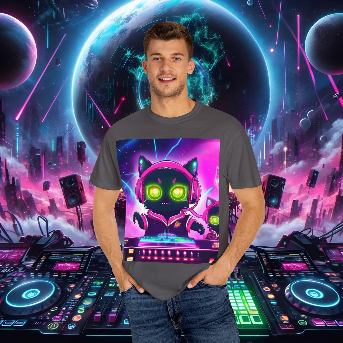 Space Cat Rave Drip - Black Cat Pink Headphones Yellow Eyes DJ - Unisex T-Shirt - Space Cat Rave Drip - T-Shirt - Printify