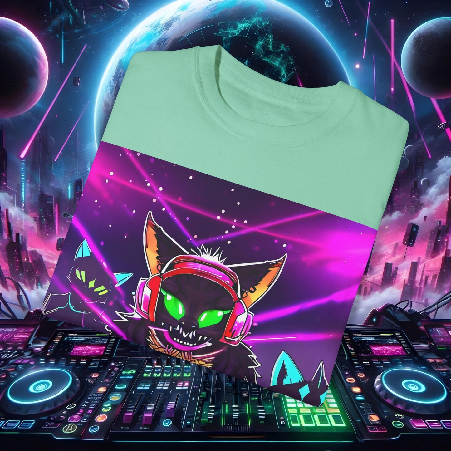 Space Cat Rave Drip - Black Cat Green Eyes DJ - Unisex T-Shirt