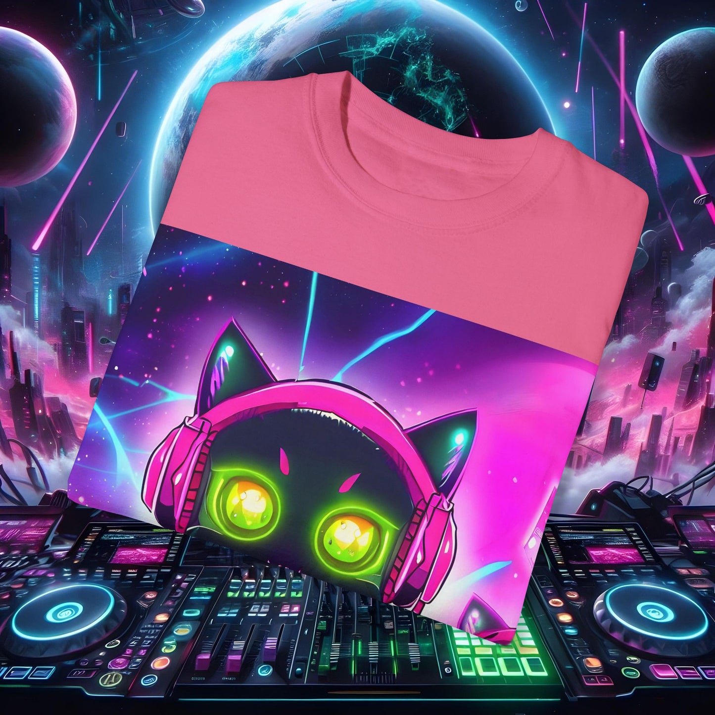 Space Cat Rave Drip - Black Cat Pink Headphones Yellow Eyes DJ - Unisex T-Shirt - Space Cat Rave Drip - T-Shirt - Printify