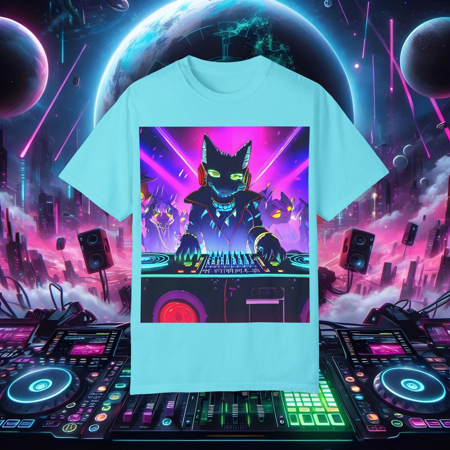 Space Cat Rave Drip - Black Cat Green Eyes DJ - Unisex T-Shirt
