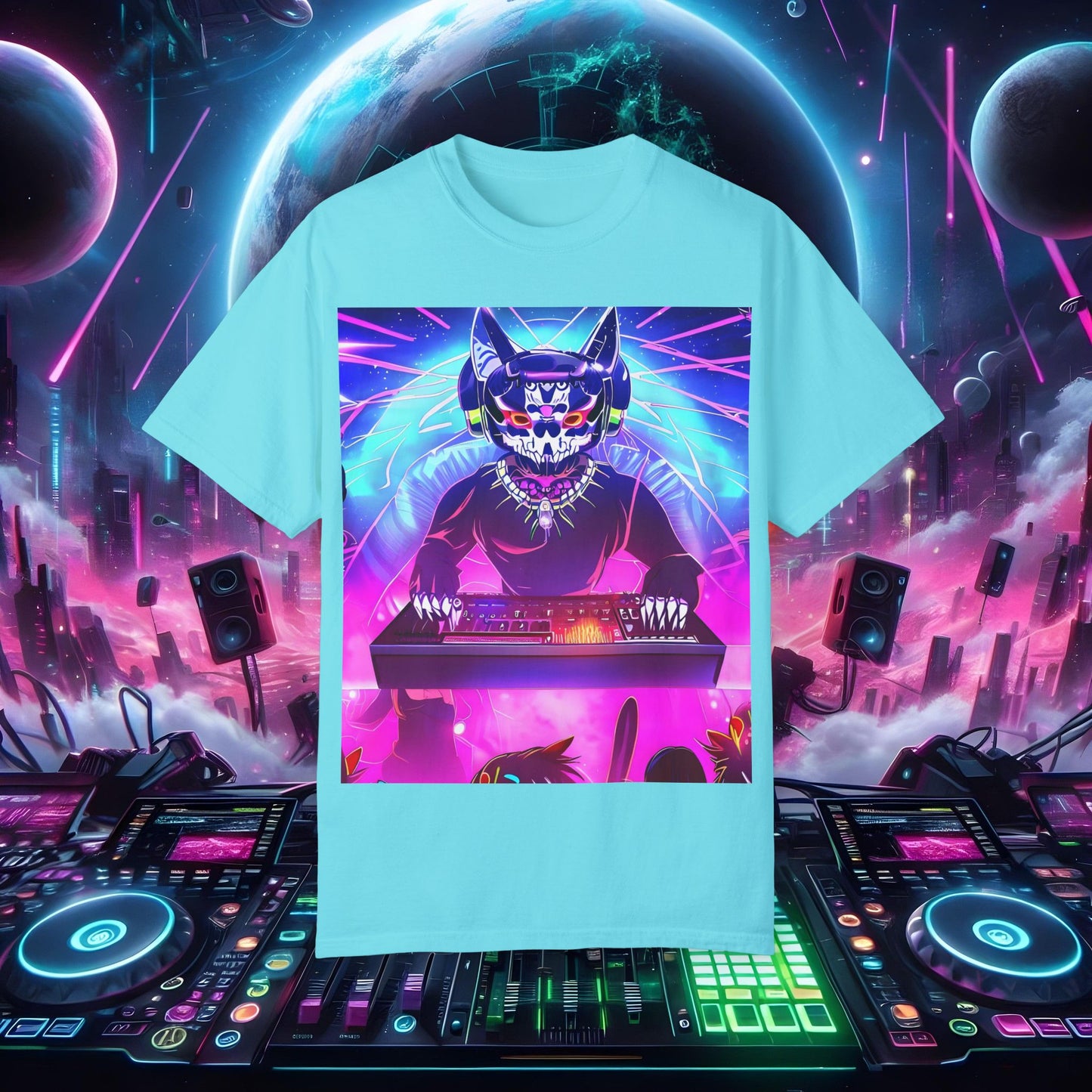 Space Cat Rave Drip - Black Skull Cat Red Eyes DJ - Unisex T-Shirt - Space Cat Rave Drip - T-Shirt - Printify