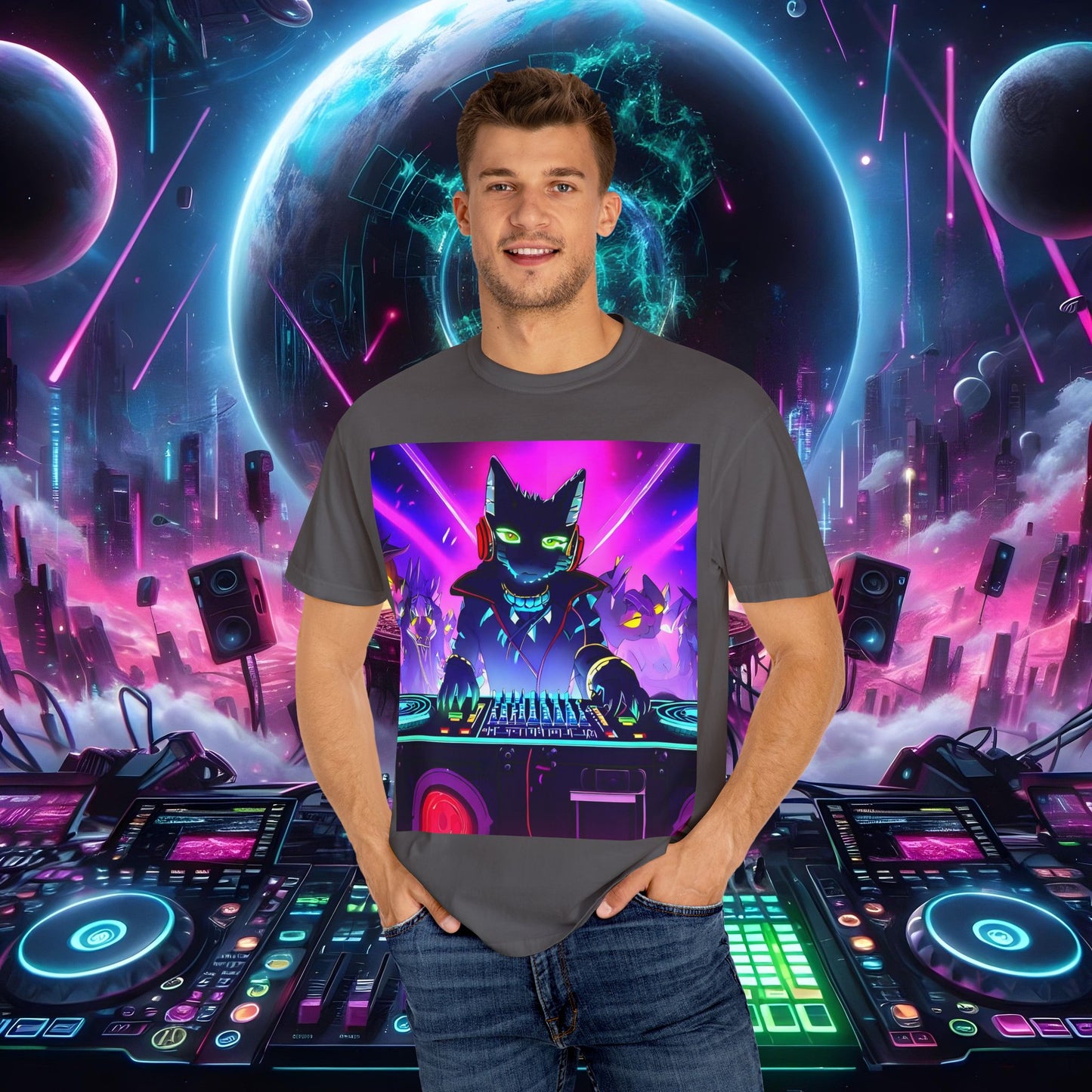 Space Cat Rave Drip - Black Cat Green Eyes DJ - Unisex T-Shirt