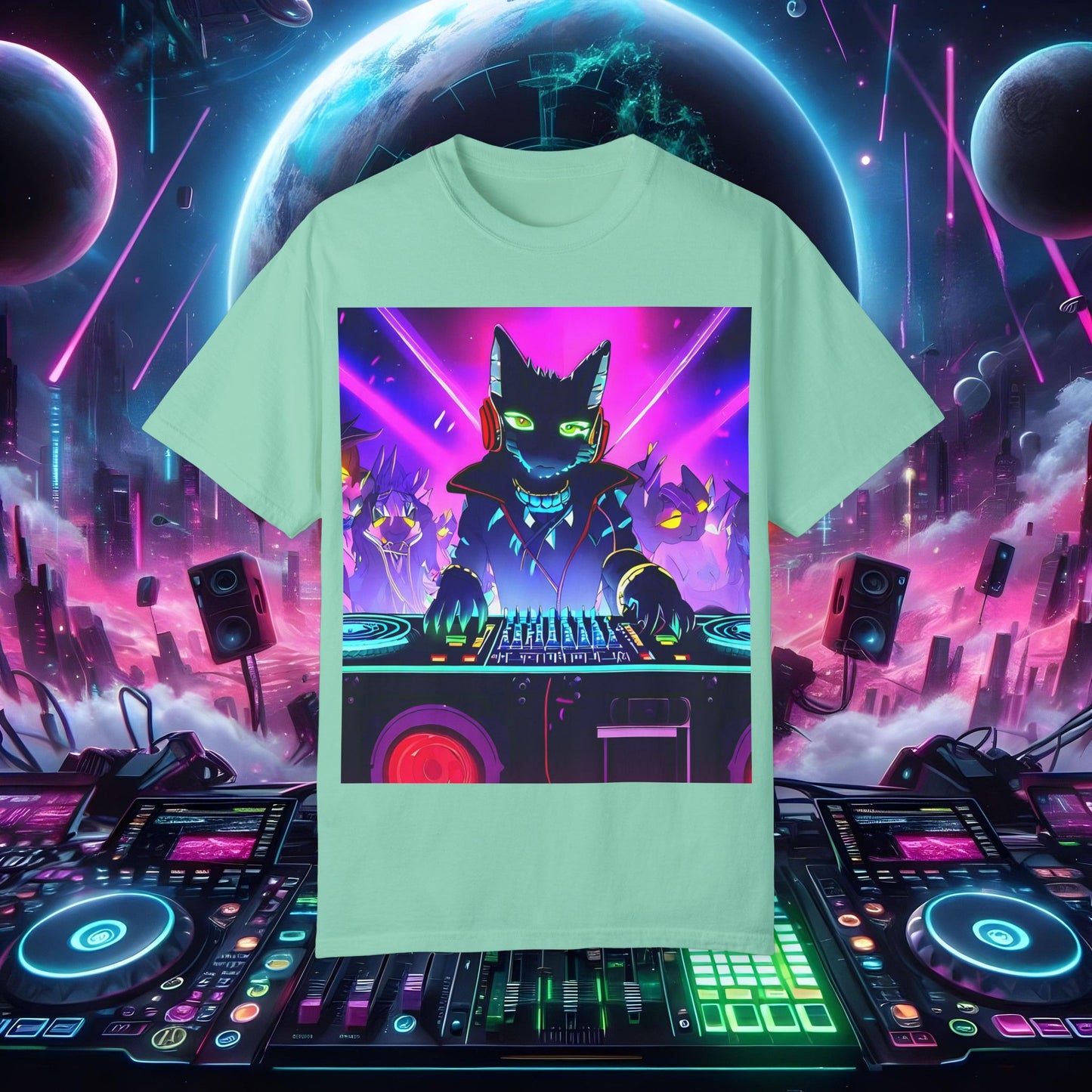 Space Cat Rave Drip - Black Cat Green Eyes DJ - Unisex T-Shirt