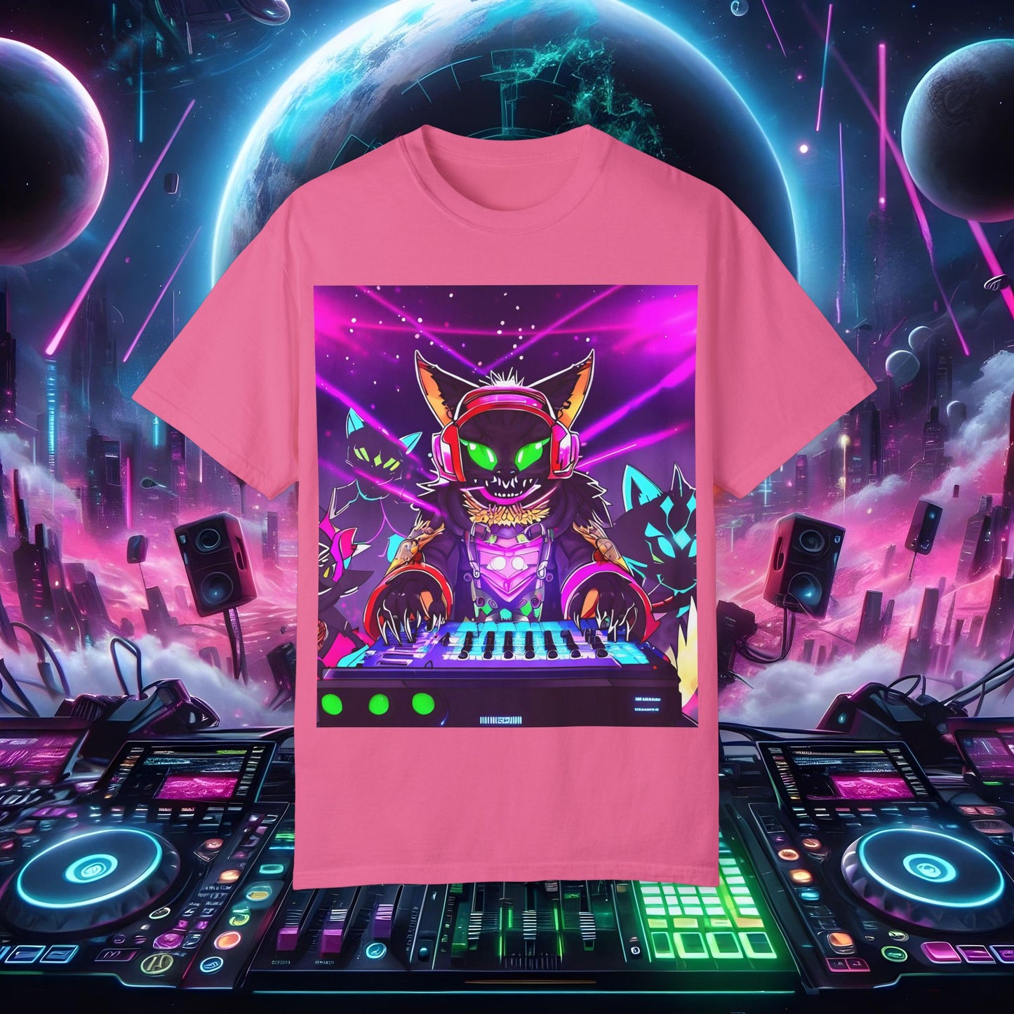 Space Cat Rave Drip - Black Cat Green Eyes DJ - Unisex T-Shirt
