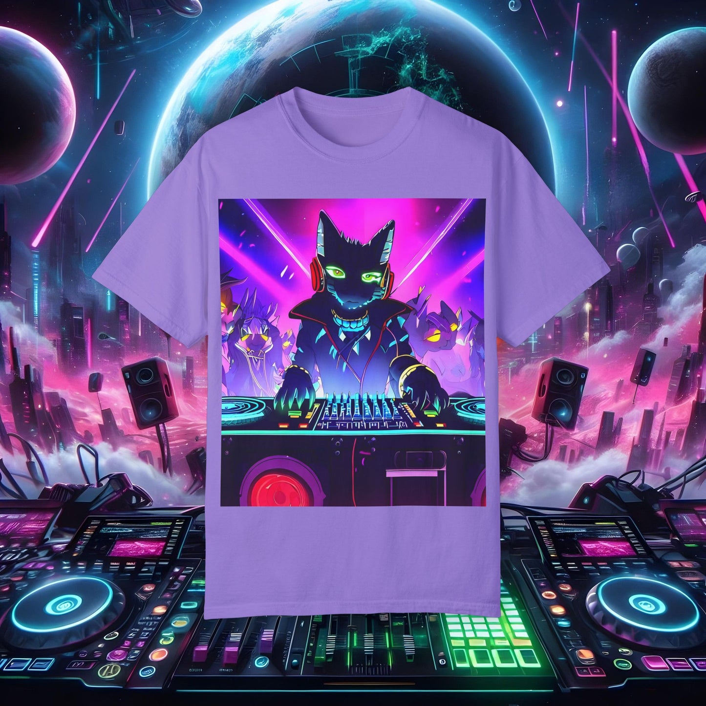 Space Cat Rave Drip - Black Cat Green Eyes DJ - Unisex T-Shirt