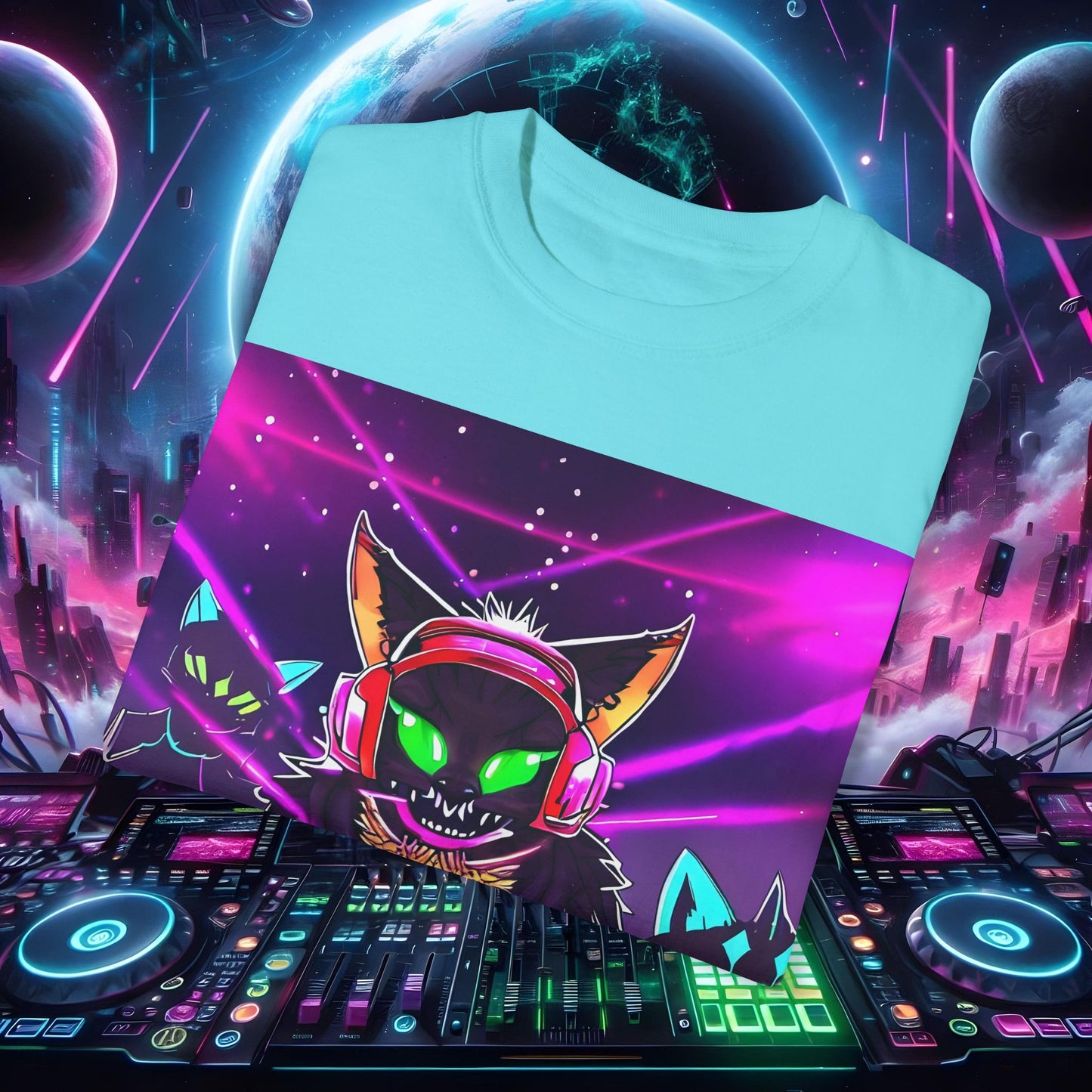 Space Cat Rave Drip - Black Cat Green Eyes DJ - Unisex T-Shirt