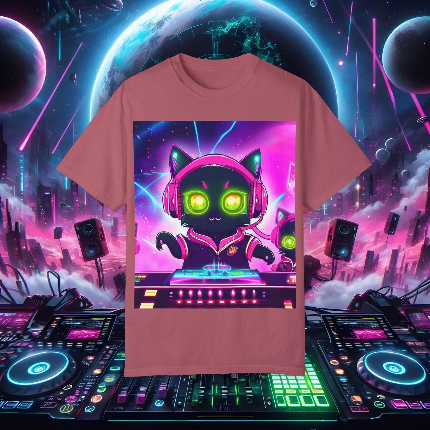 Space Cat Rave Drip - Black Cat Pink Headphones Yellow Eyes DJ - Unisex T-Shirt - Space Cat Rave Drip - T-Shirt - Printify