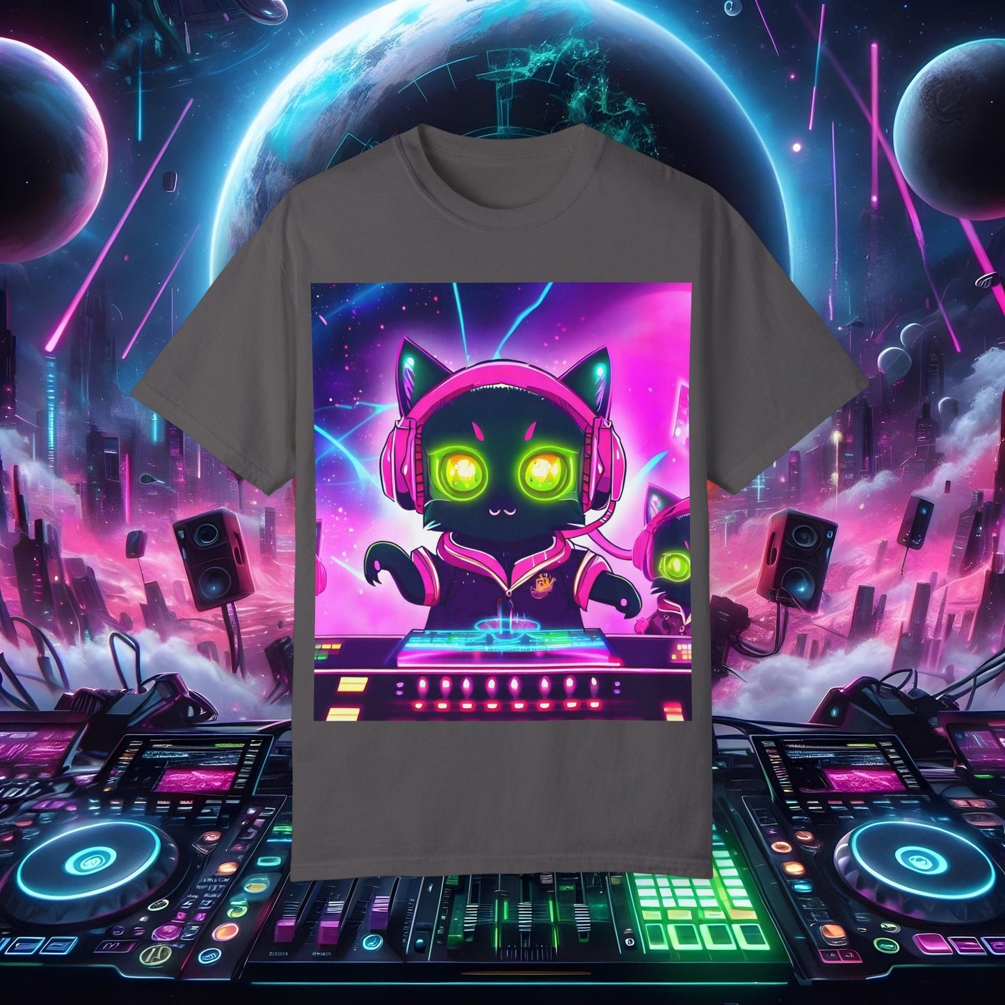 Space Cat Rave Drip - Black Cat Pink Headphones Yellow Eyes DJ - Unisex T-Shirt - Space Cat Rave Drip - T-Shirt - Printify