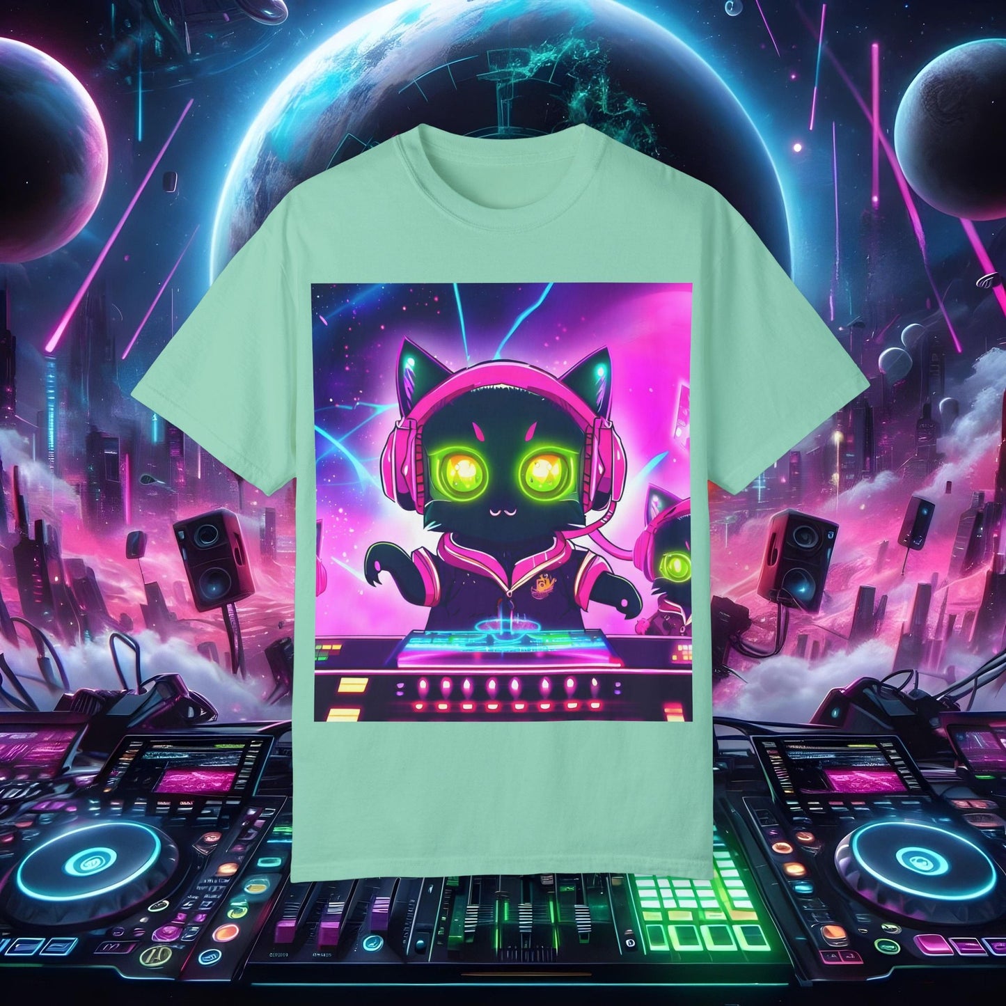 Space Cat Rave Drip - Black Cat Pink Headphones Yellow Eyes DJ - Unisex T-Shirt - Space Cat Rave Drip - T-Shirt - Printify