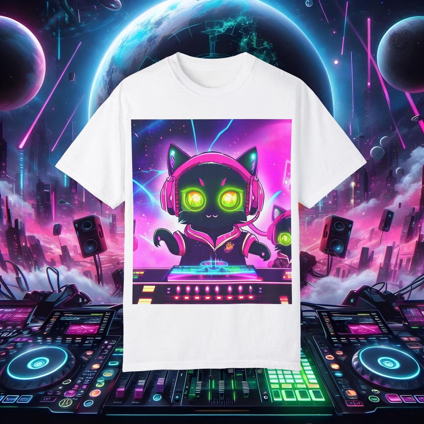 Space Cat Rave Drip - Black Cat Pink Headphones Yellow Eyes DJ - Unisex T-Shirt - Space Cat Rave Drip - T-Shirt - Printify
