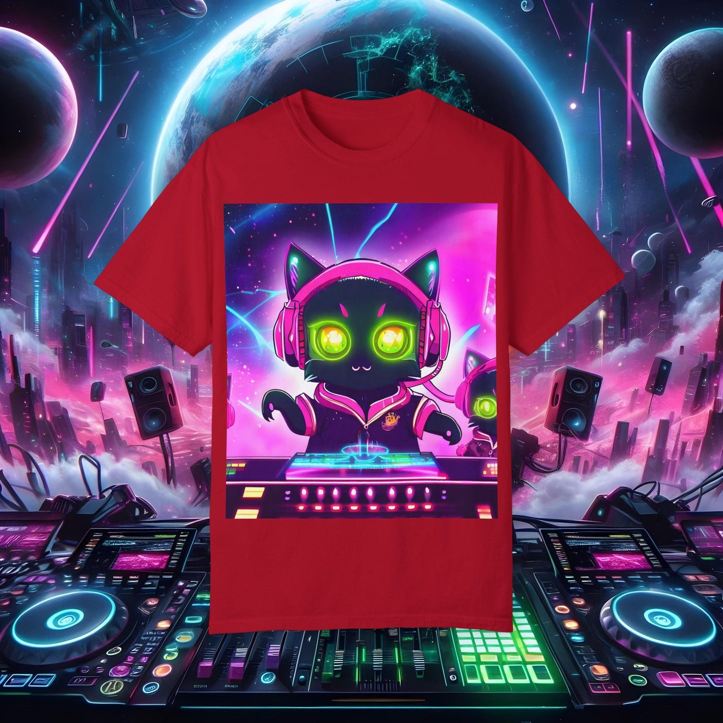 Space Cat Rave Drip - Black Cat Pink Headphones Yellow Eyes DJ - Unisex T-Shirt - Space Cat Rave Drip - T-Shirt - Printify