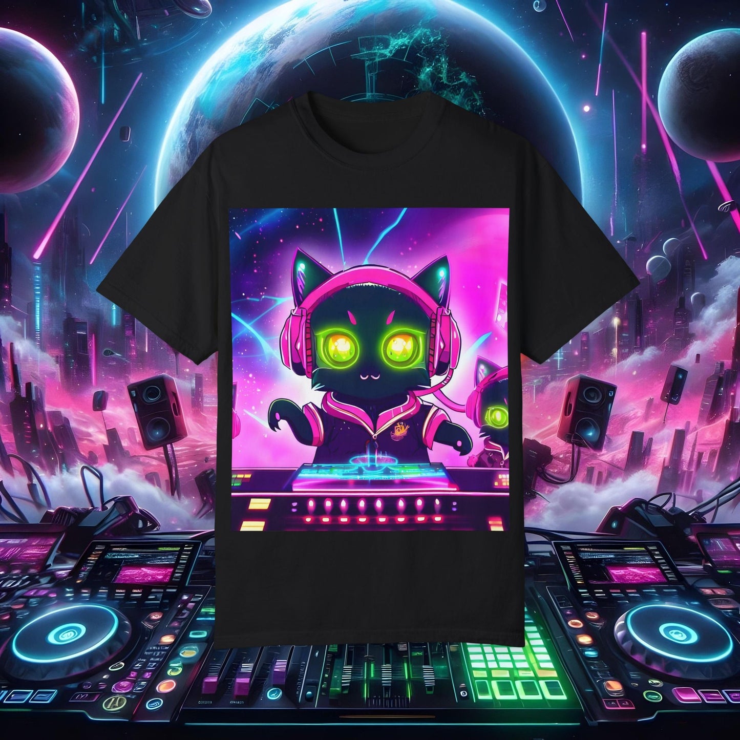 Space Cat Rave Drip - Black Cat Pink Headphones Yellow Eyes DJ - Unisex T-Shirt - Space Cat Rave Drip - T-Shirt - Printify