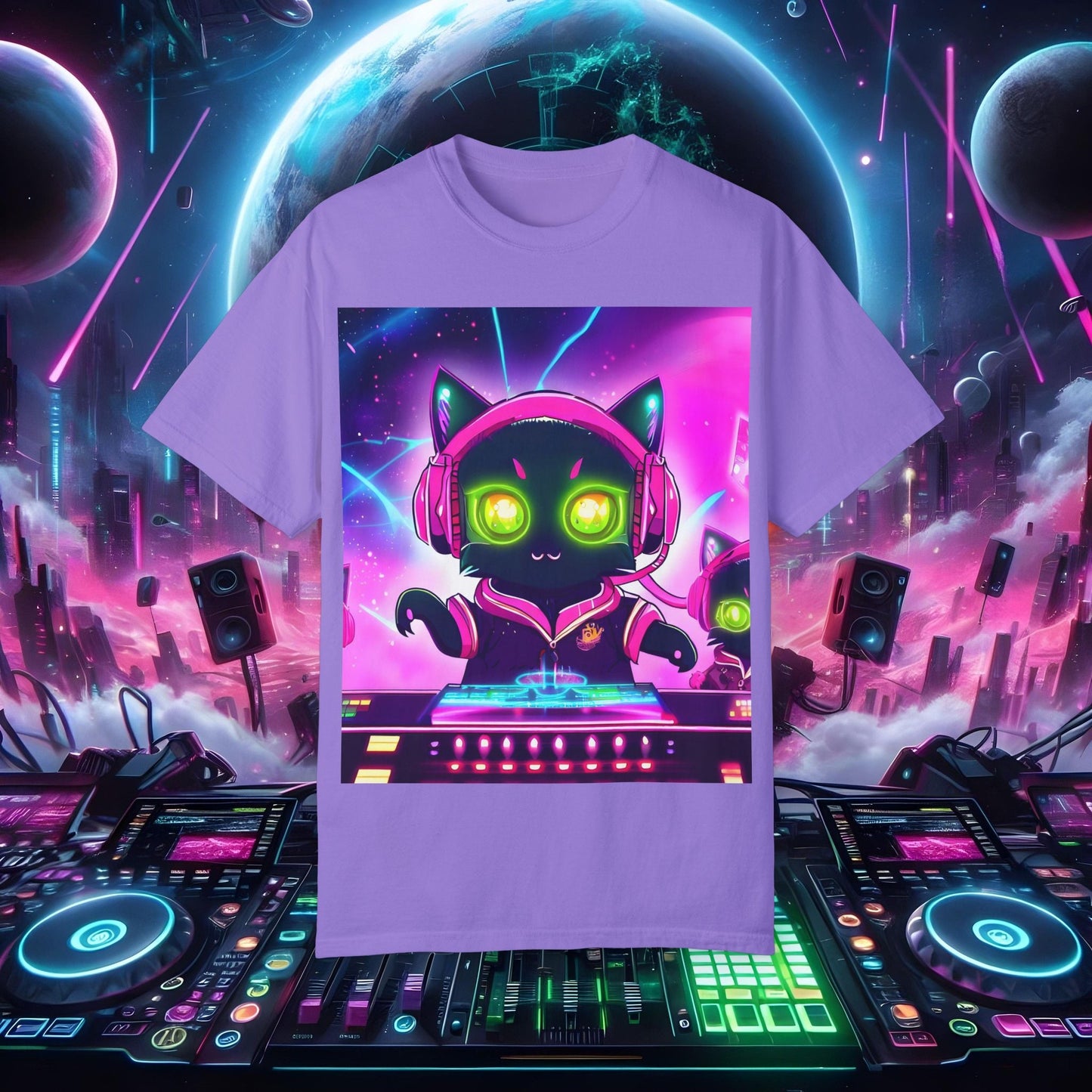 Space Cat Rave Drip - Black Cat Pink Headphones Yellow Eyes DJ - Unisex T-Shirt - Space Cat Rave Drip - T-Shirt - Printify
