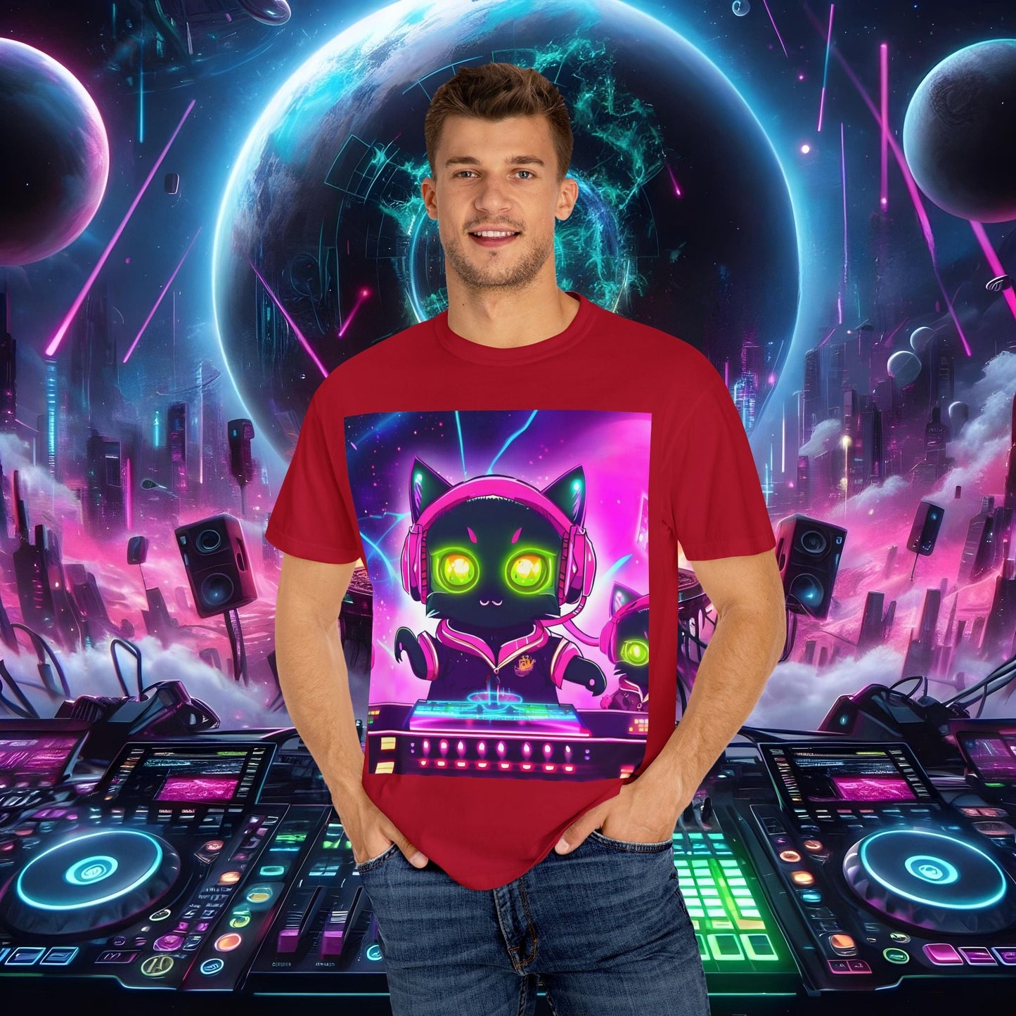 Space Cat Rave Drip - Black Cat Pink Headphones Yellow Eyes DJ - Unisex T-Shirt - Space Cat Rave Drip - T-Shirt - Printify