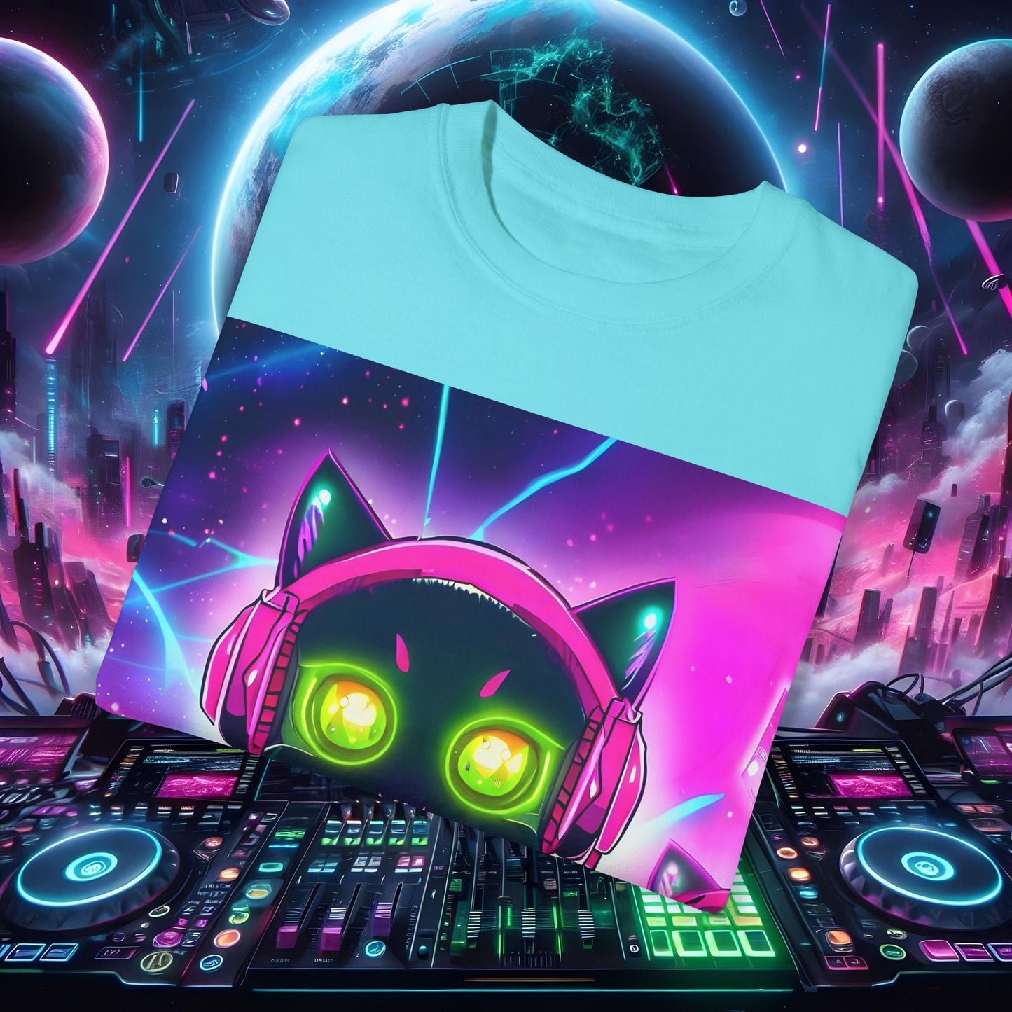 Space Cat Rave Drip - Black Cat Pink Headphones Yellow Eyes DJ - Unisex T-Shirt - Space Cat Rave Drip - T-Shirt - Printify