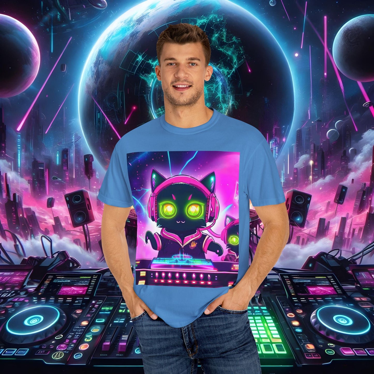 Space Cat Rave Drip - Black Cat Pink Headphones Yellow Eyes DJ - Unisex T-Shirt - Space Cat Rave Drip - T-Shirt - Printify