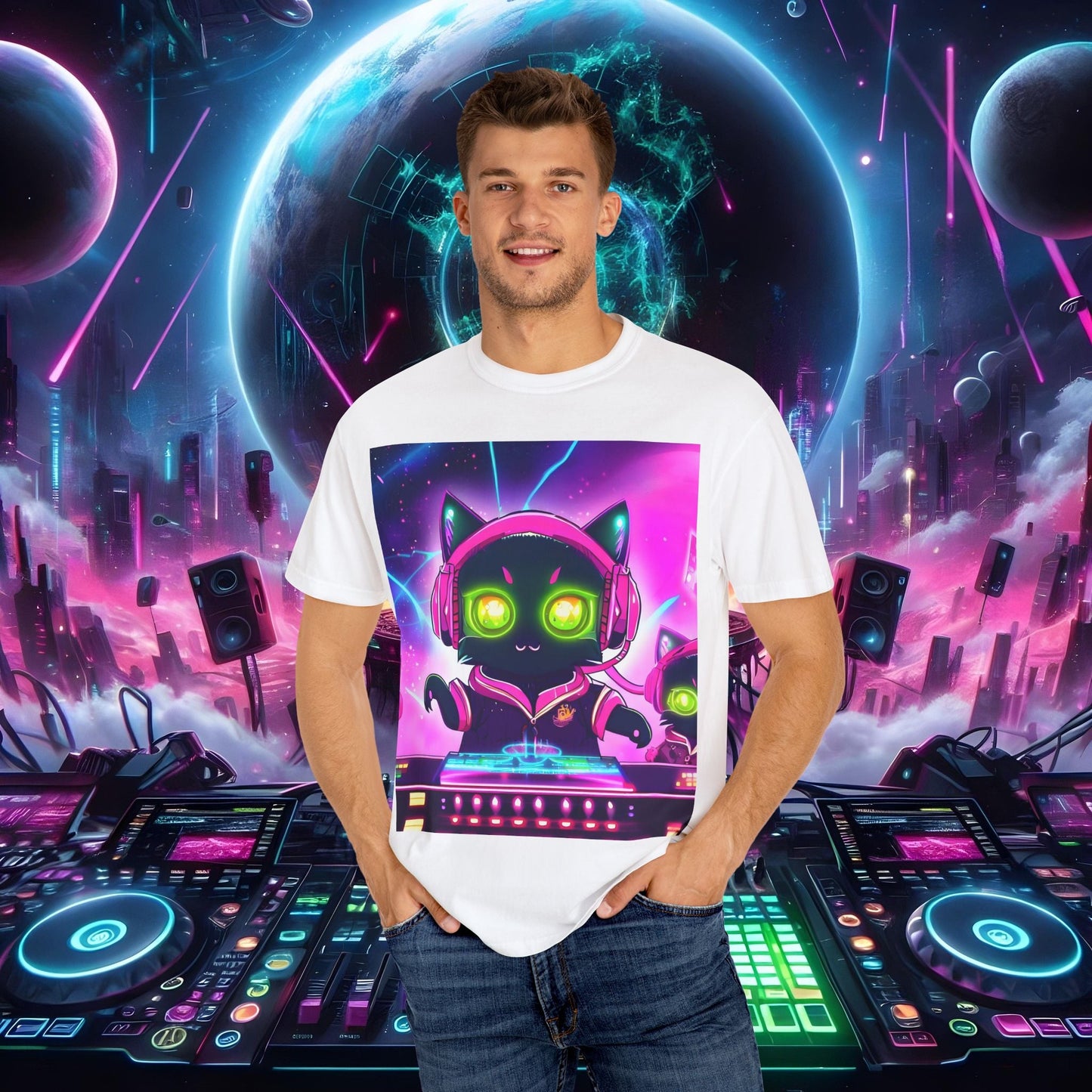 Space Cat Rave Drip - Black Cat Pink Headphones Yellow Eyes DJ - Unisex T-Shirt - Space Cat Rave Drip - T-Shirt - Printify