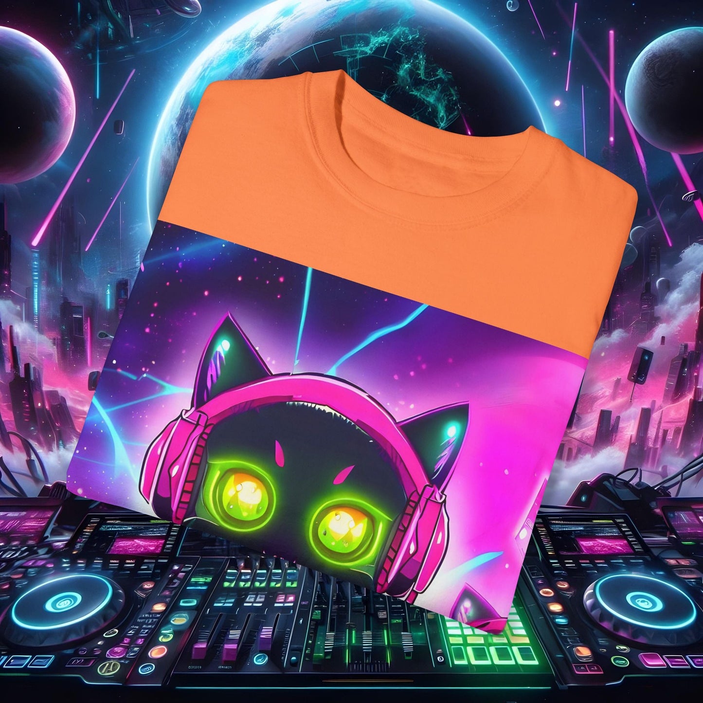 Space Cat Rave Drip - Black Cat Pink Headphones Yellow Eyes DJ - Unisex T-Shirt - Space Cat Rave Drip - T-Shirt - Printify