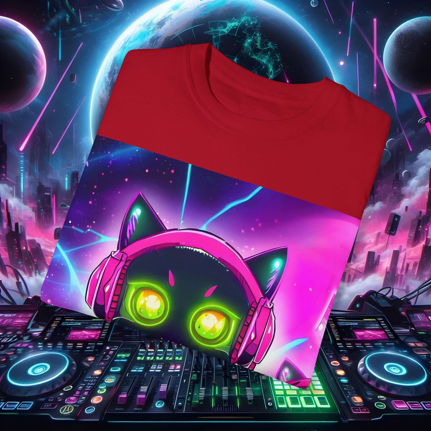 Space Cat Rave Drip - Black Cat Pink Headphones Yellow Eyes DJ - Unisex T-Shirt - Space Cat Rave Drip - T-Shirt - Printify