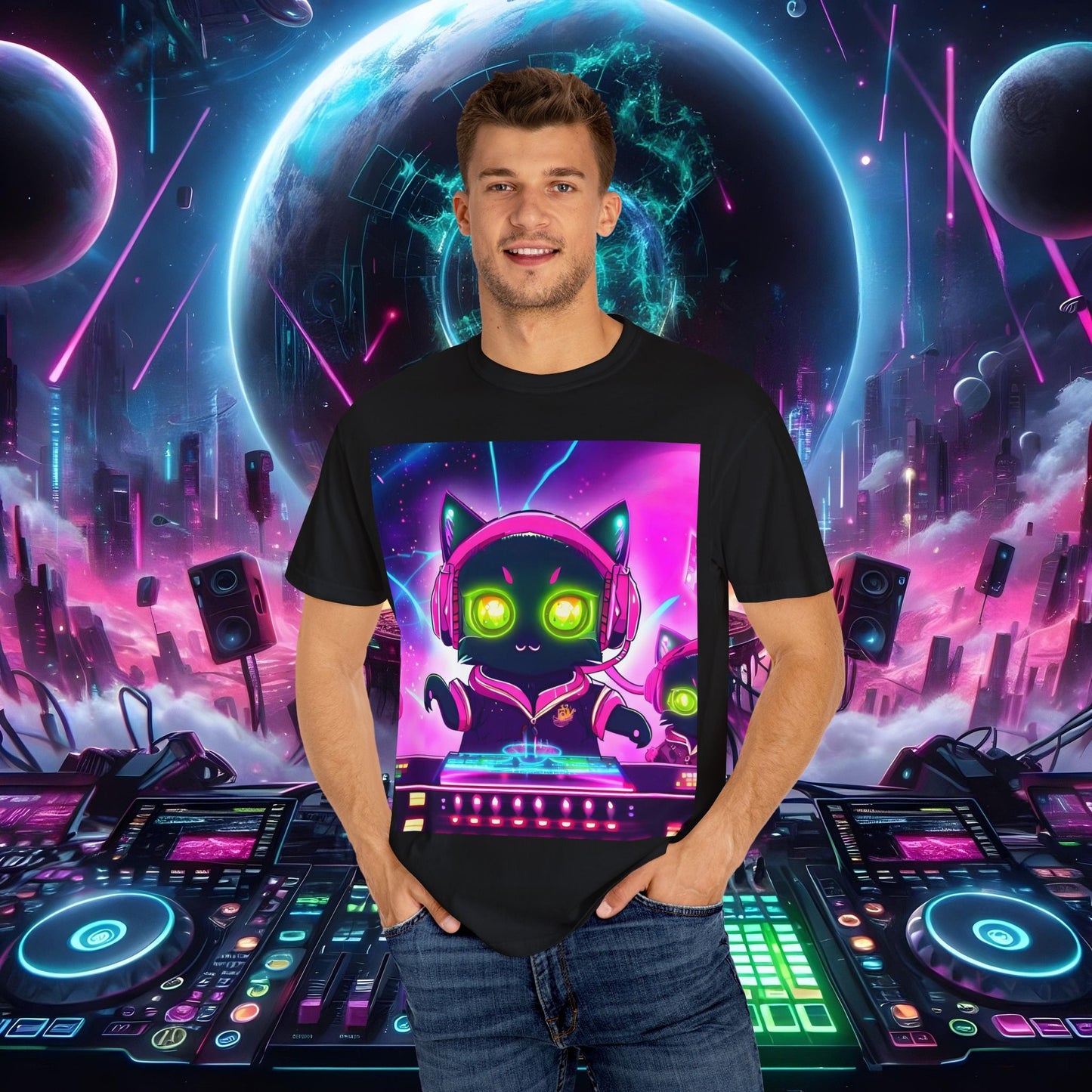 Space Cat Rave Drip - Black Cat Pink Headphones Yellow Eyes DJ - Unisex T-Shirt - Space Cat Rave Drip - T-Shirt - Printify