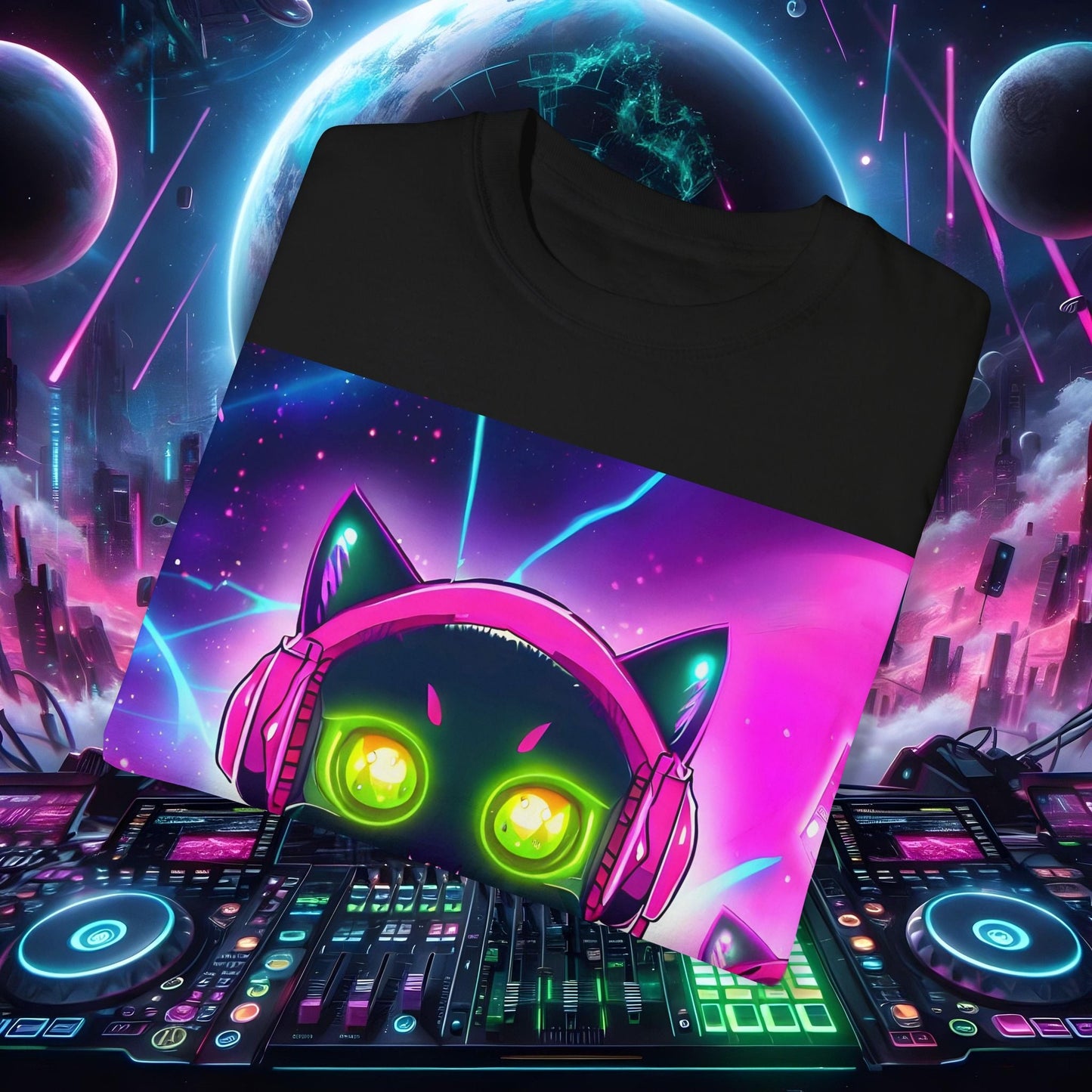 Space Cat Rave Drip - Black Cat Pink Headphones Yellow Eyes DJ - Unisex T-Shirt - Space Cat Rave Drip - T-Shirt - Printify