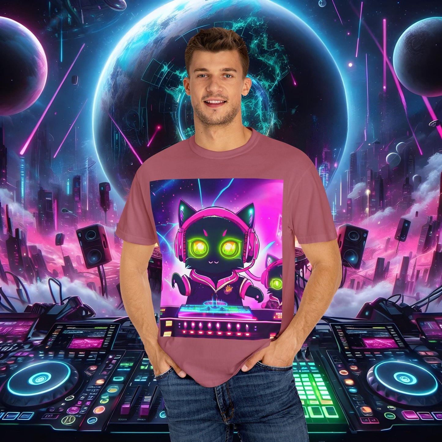 Space Cat Rave Drip - Black Cat Pink Headphones Yellow Eyes DJ - Unisex T-Shirt - Space Cat Rave Drip - T-Shirt - Printify