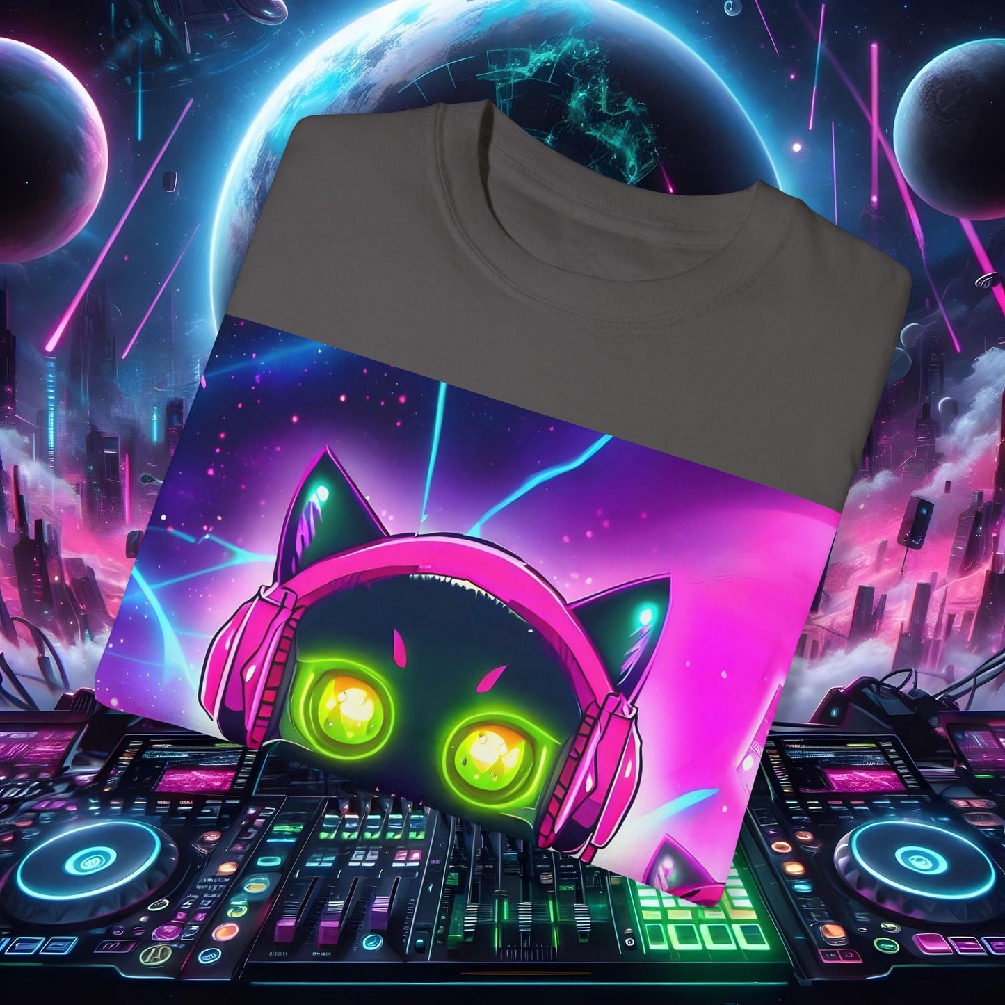 Space Cat Rave Drip - Black Cat Pink Headphones Yellow Eyes DJ - Unisex T-Shirt - Space Cat Rave Drip - T-Shirt - Printify