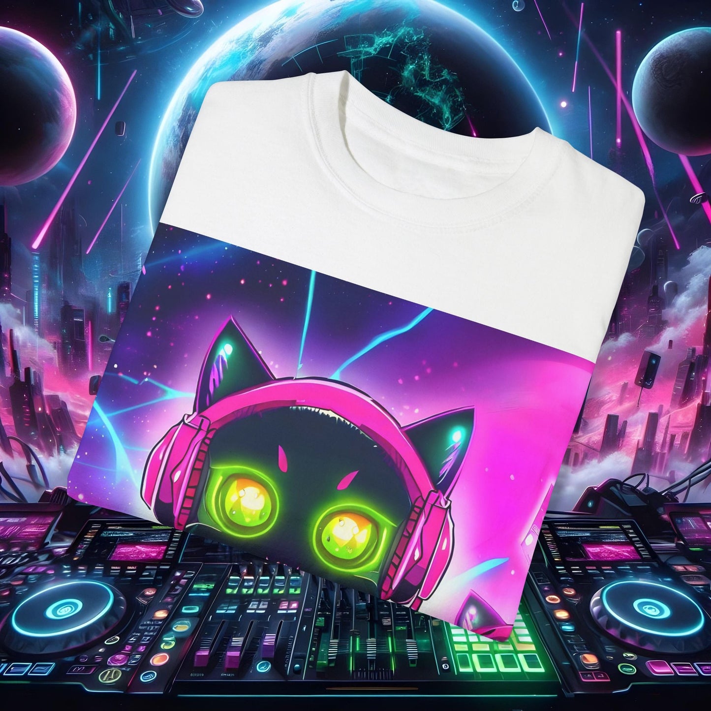 Space Cat Rave Drip - Black Cat Pink Headphones Yellow Eyes DJ - Unisex T-Shirt - Space Cat Rave Drip - T-Shirt - Printify
