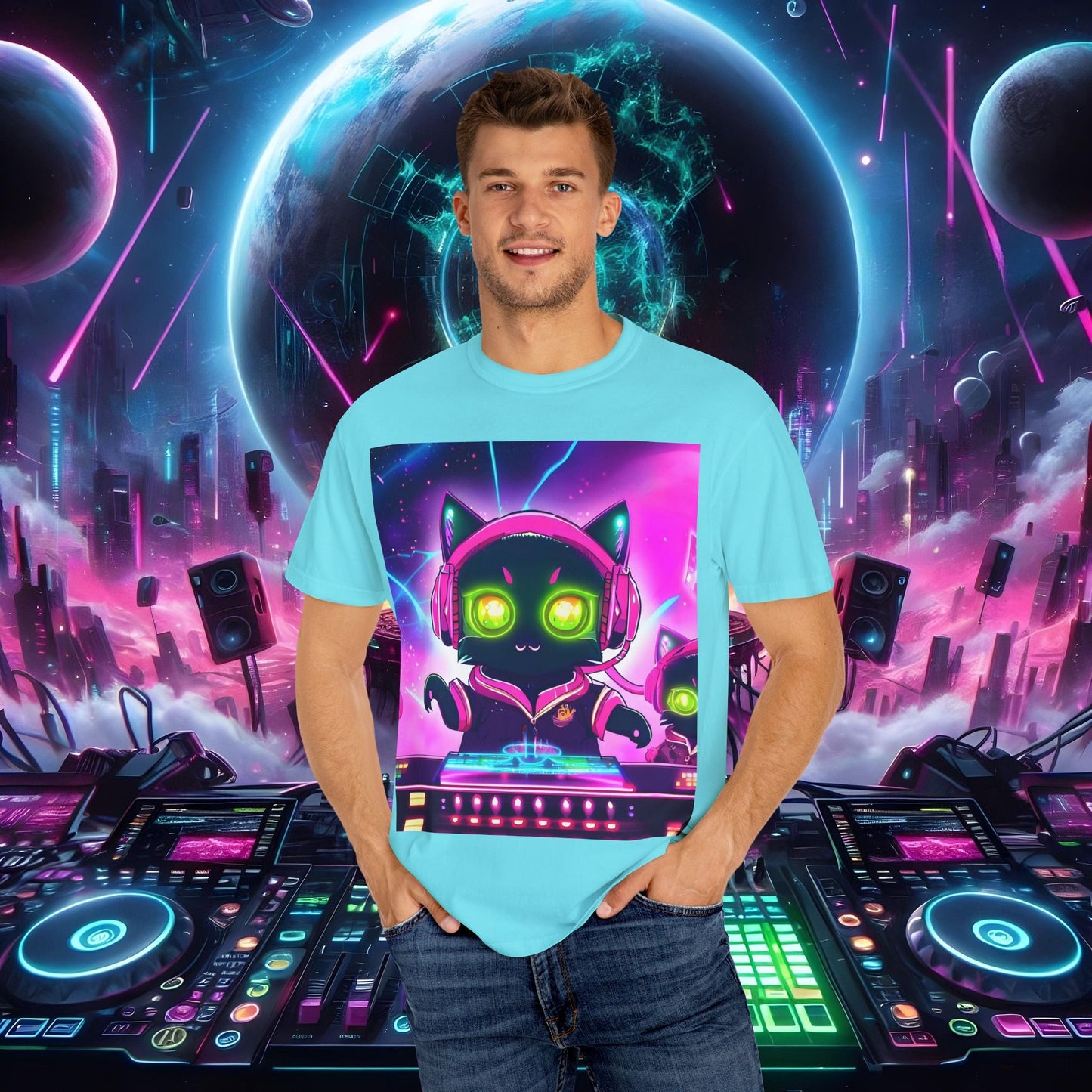 Space Cat Rave Drip - Black Cat Pink Headphones Yellow Eyes DJ - Unisex T-Shirt - Space Cat Rave Drip - T-Shirt - Printify