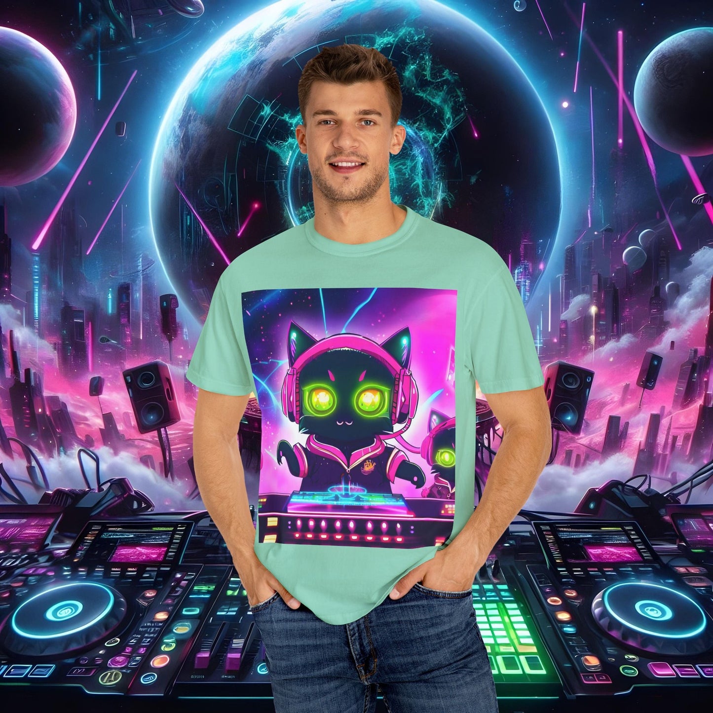 Space Cat Rave Drip - Black Cat Pink Headphones Yellow Eyes DJ - Unisex T-Shirt - Space Cat Rave Drip - T-Shirt - Printify