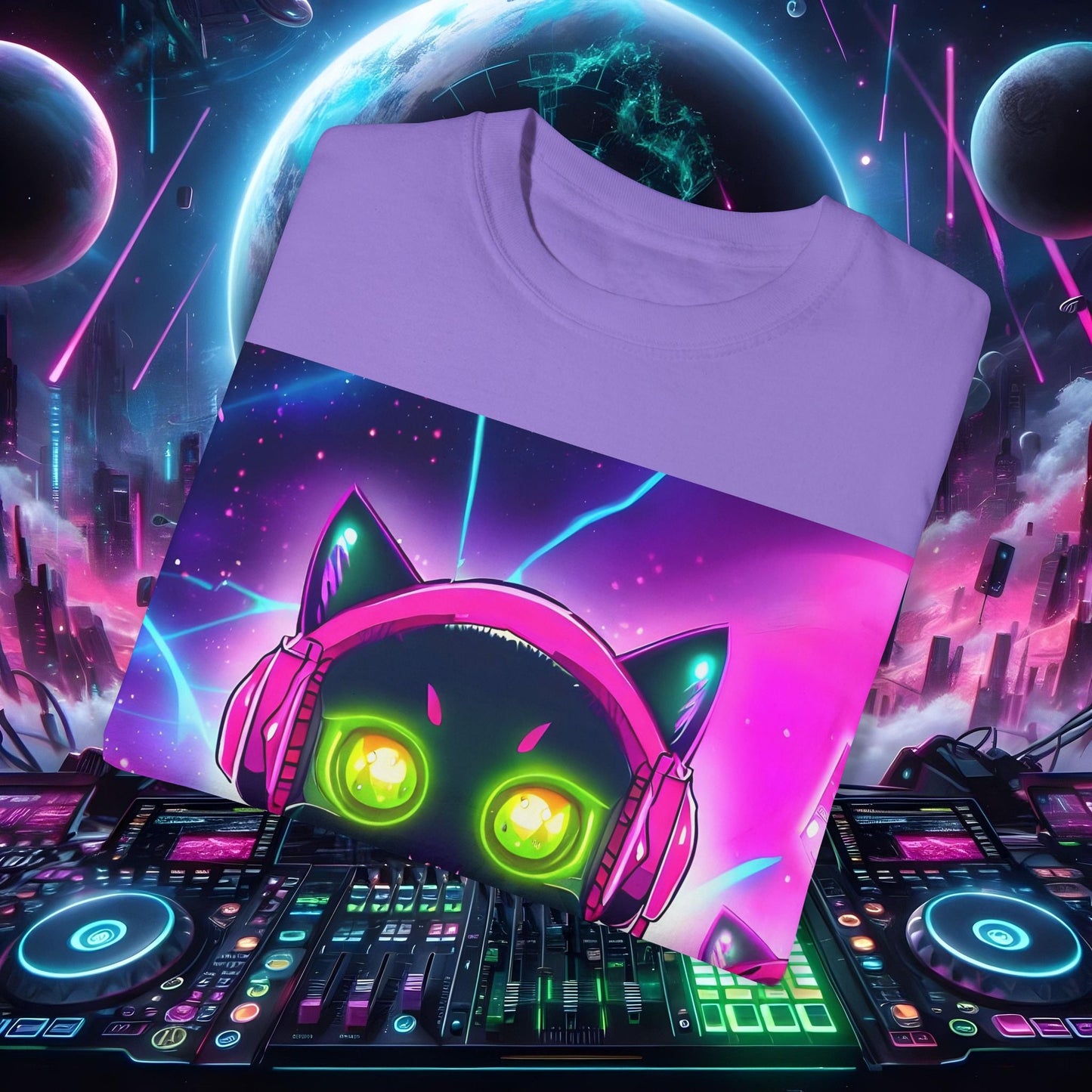 Space Cat Rave Drip - Black Cat Pink Headphones Yellow Eyes DJ - Unisex T-Shirt - Space Cat Rave Drip - T-Shirt - Printify
