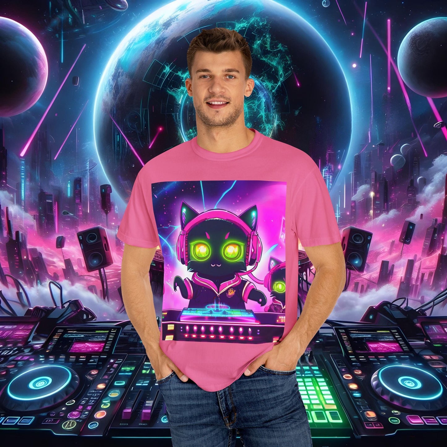 Space Cat Rave Drip - Black Cat Pink Headphones Yellow Eyes DJ - Unisex T-Shirt - Space Cat Rave Drip - T-Shirt - Printify