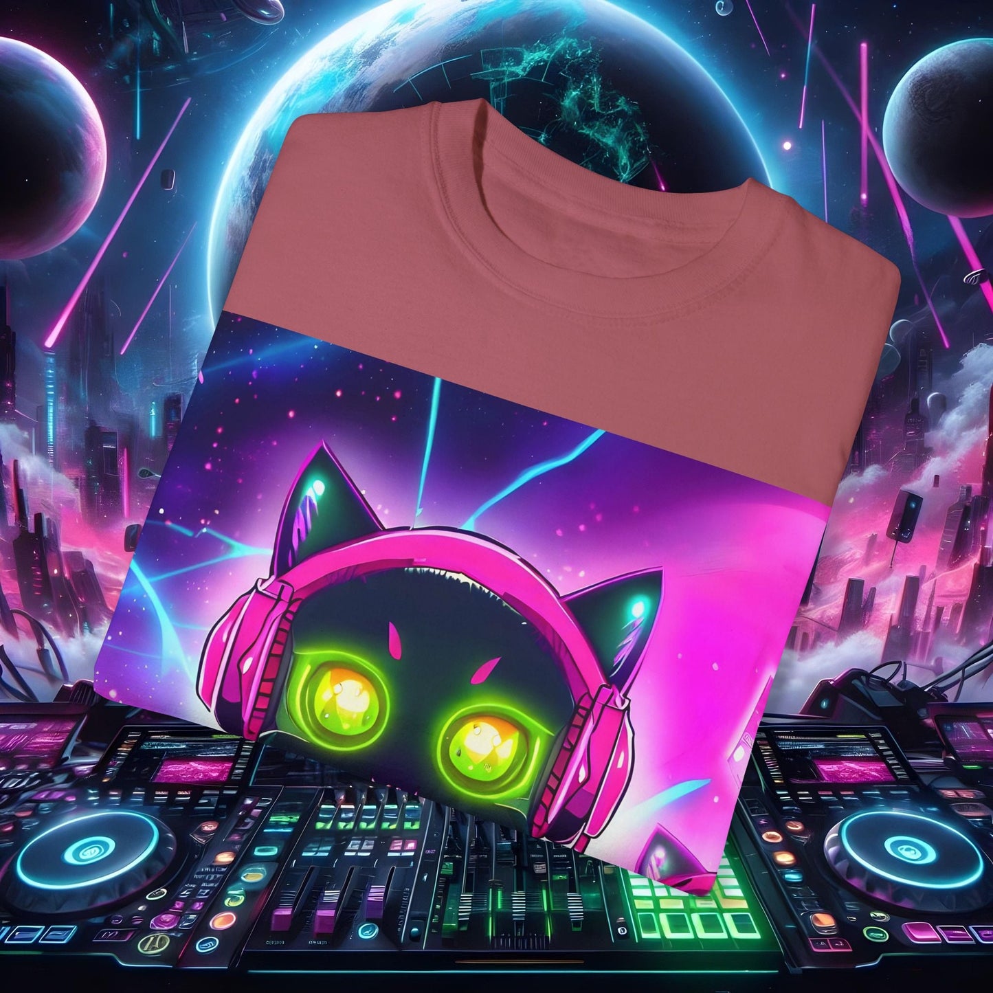 Space Cat Rave Drip - Black Cat Pink Headphones Yellow Eyes DJ - Unisex T-Shirt - Space Cat Rave Drip - T-Shirt - Printify