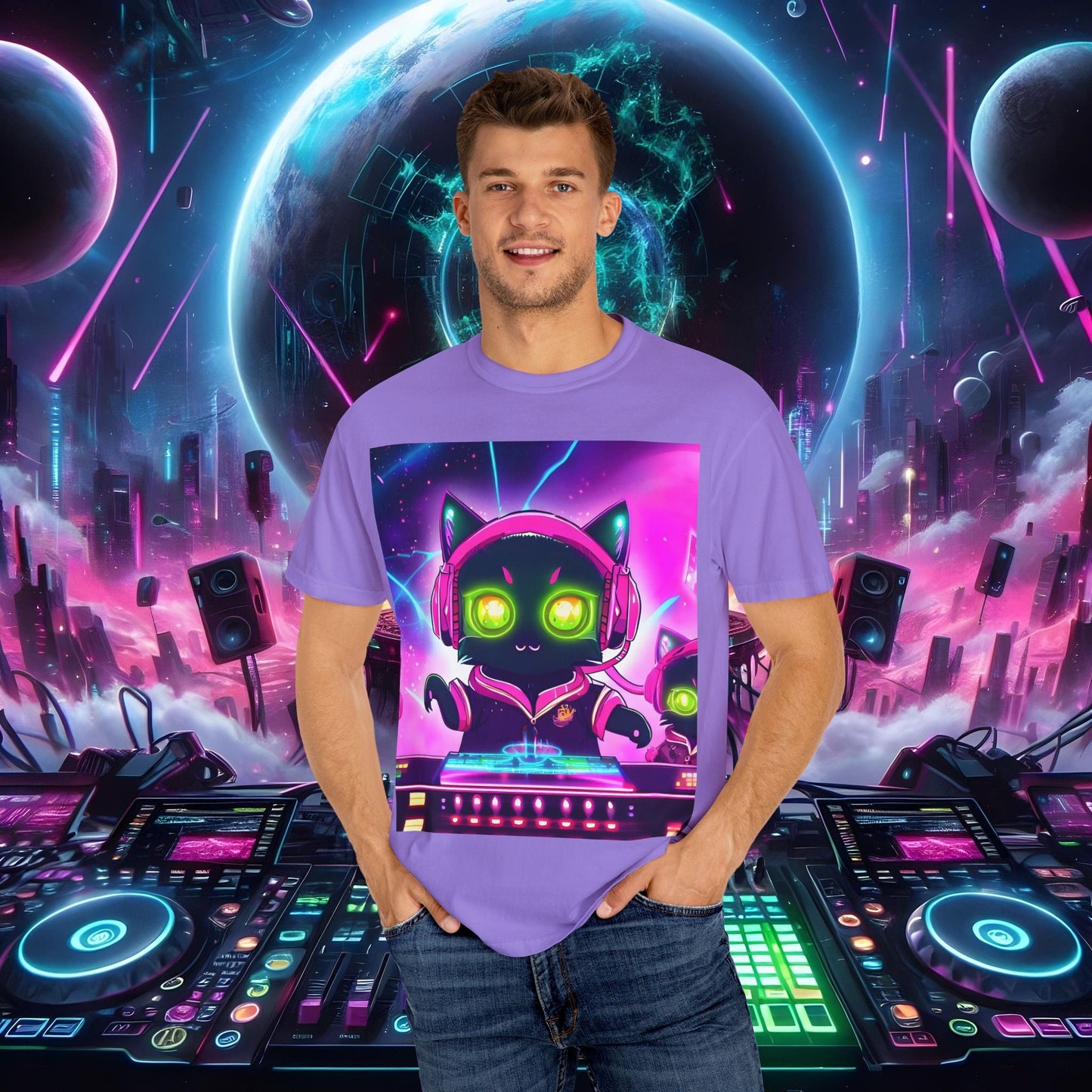 Space Cat Rave Drip - Black Cat Pink Headphones Yellow Eyes DJ - Unisex T-Shirt - Space Cat Rave Drip - T-Shirt - Printify