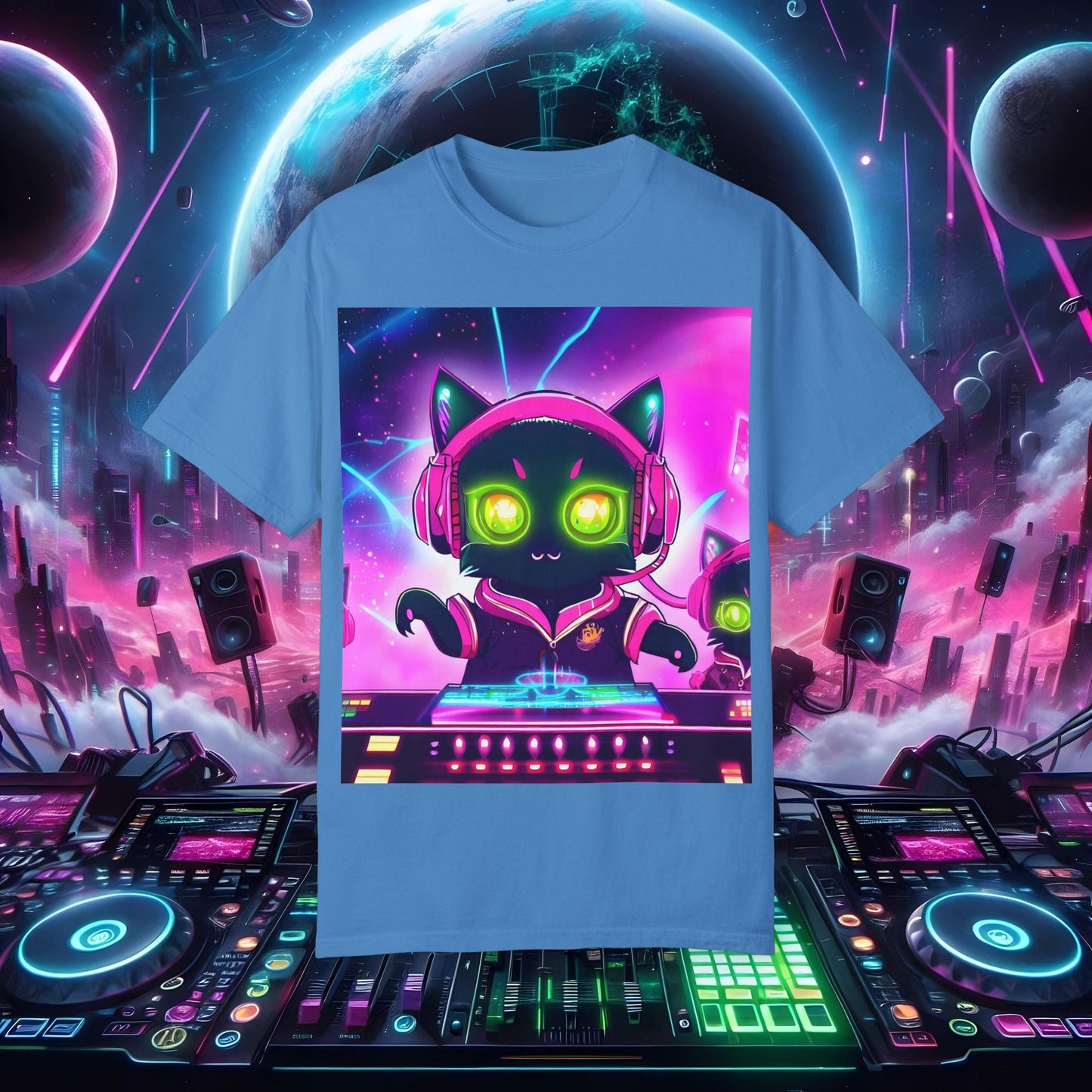 Space Cat Rave Drip - Black Cat Pink Headphones Yellow Eyes DJ - Unisex T-Shirt - Space Cat Rave Drip - T-Shirt - Printify