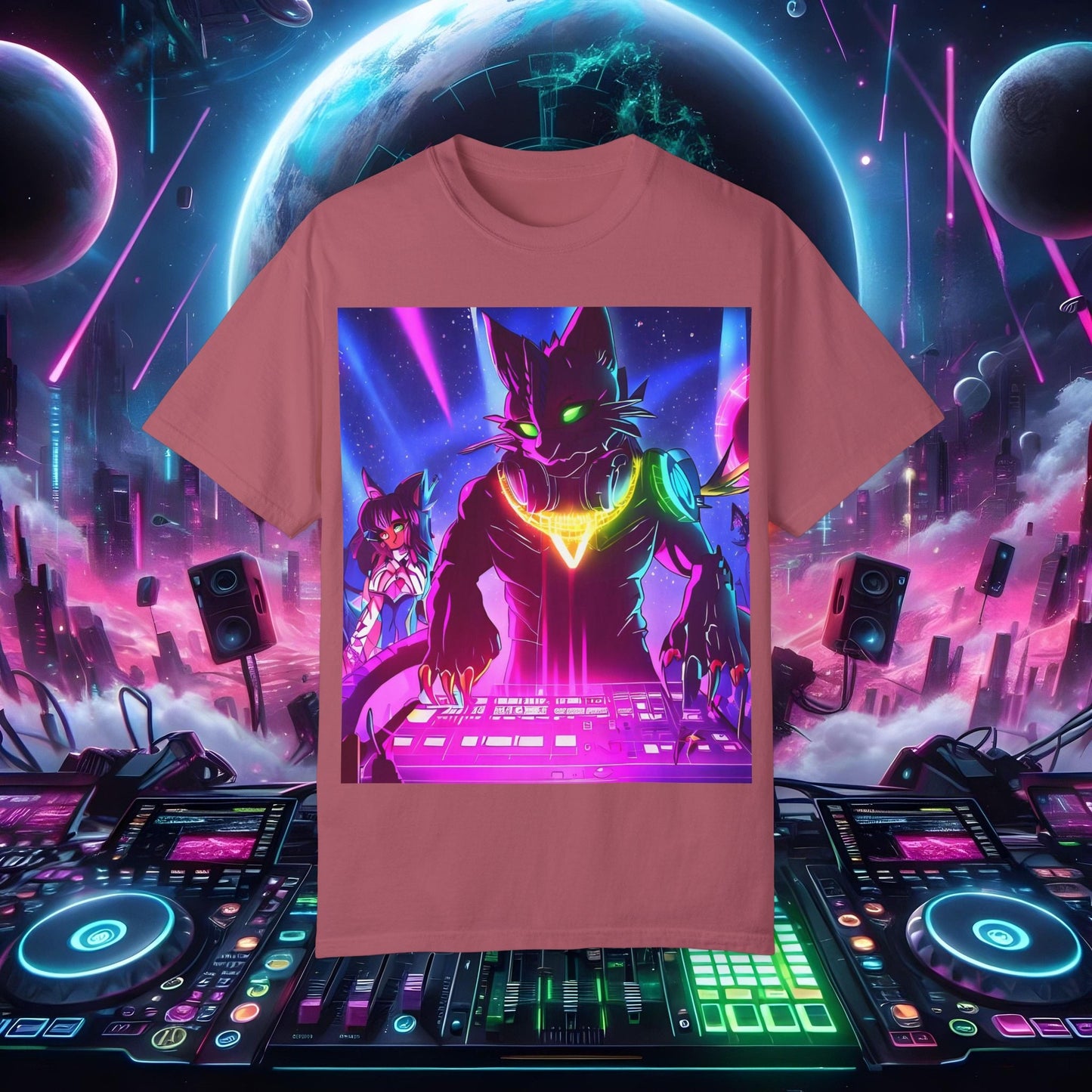 Space Cat Rave Drip - Black Drip Cat Green Eyes DJ - Unisex T-Shirt - Space Cat Rave Drip - T-Shirt - Printify