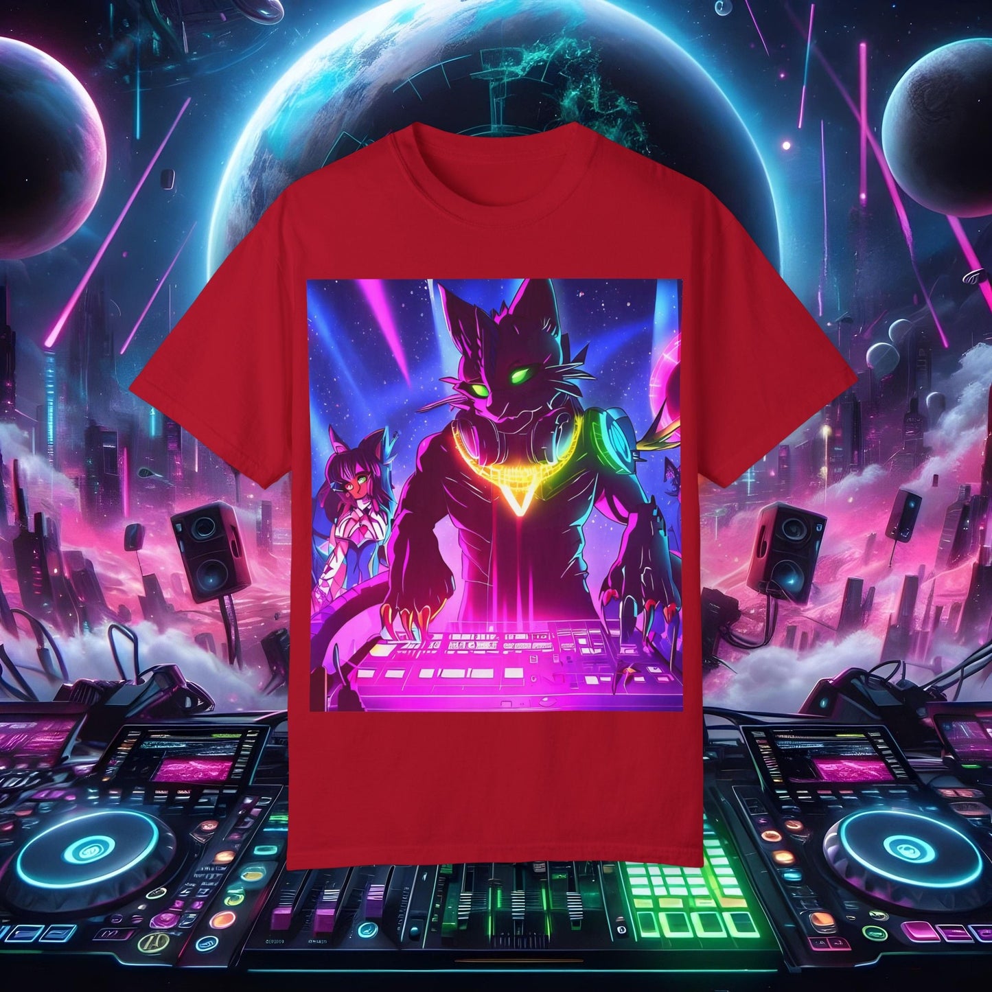 Space Cat Rave Drip - Black Drip Cat Green Eyes DJ - Unisex T-Shirt - Space Cat Rave Drip - T-Shirt - Printify