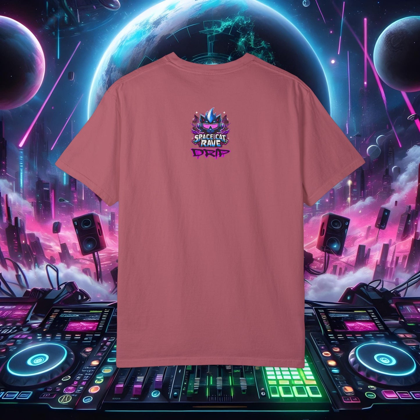 Space Cat Rave Drip - Black Drip Cat Green Eyes DJ - Unisex T-Shirt - Space Cat Rave Drip - T-Shirt - Printify