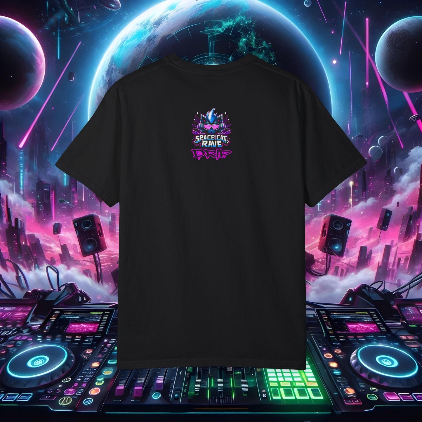 Space Cat Rave Drip - Black Drip Cat Green Eyes DJ - Unisex T-Shirt - Space Cat Rave Drip - T-Shirt - Printify