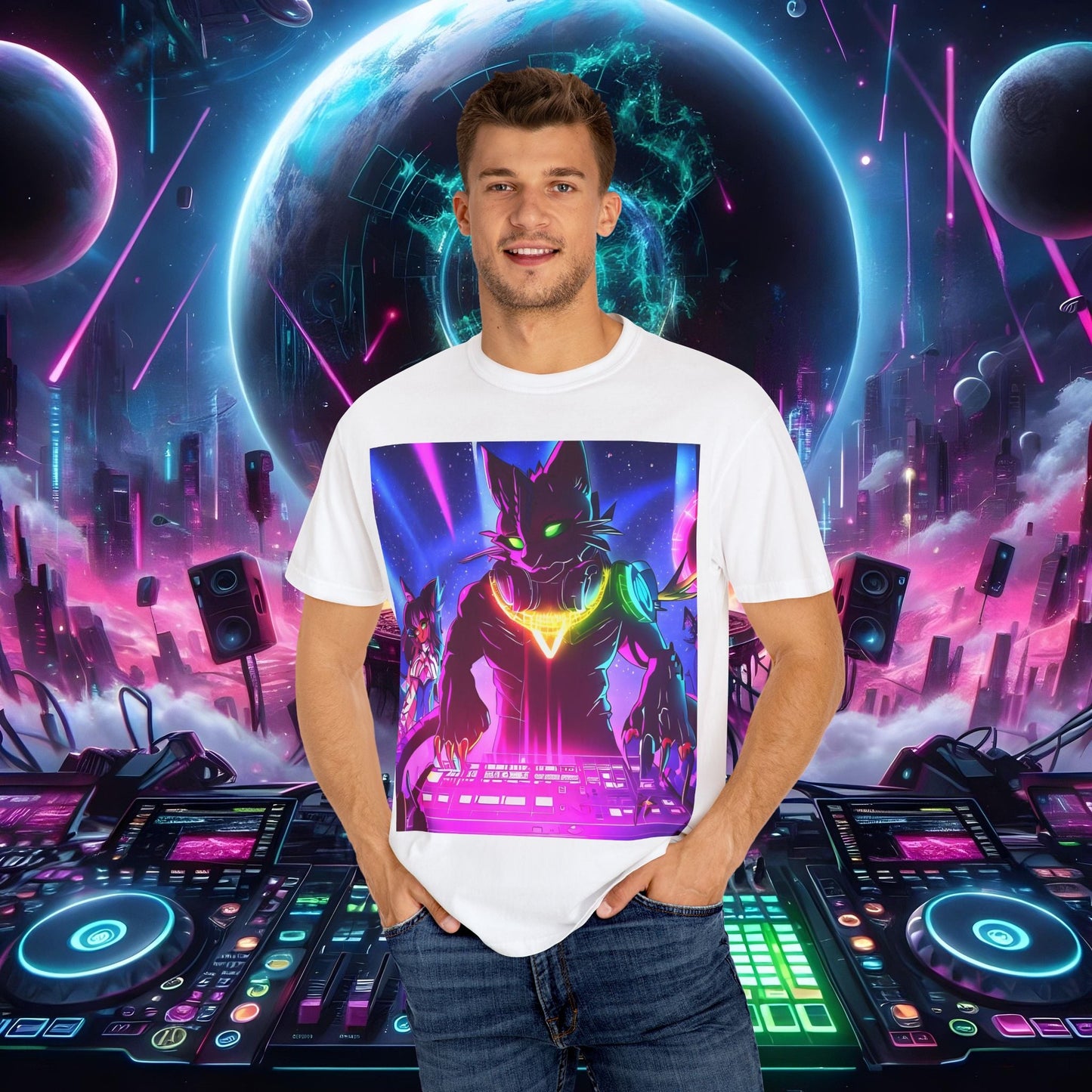 Space Cat Rave Drip - Black Drip Cat Green Eyes DJ - Unisex T-Shirt - Space Cat Rave Drip - T-Shirt - Printify