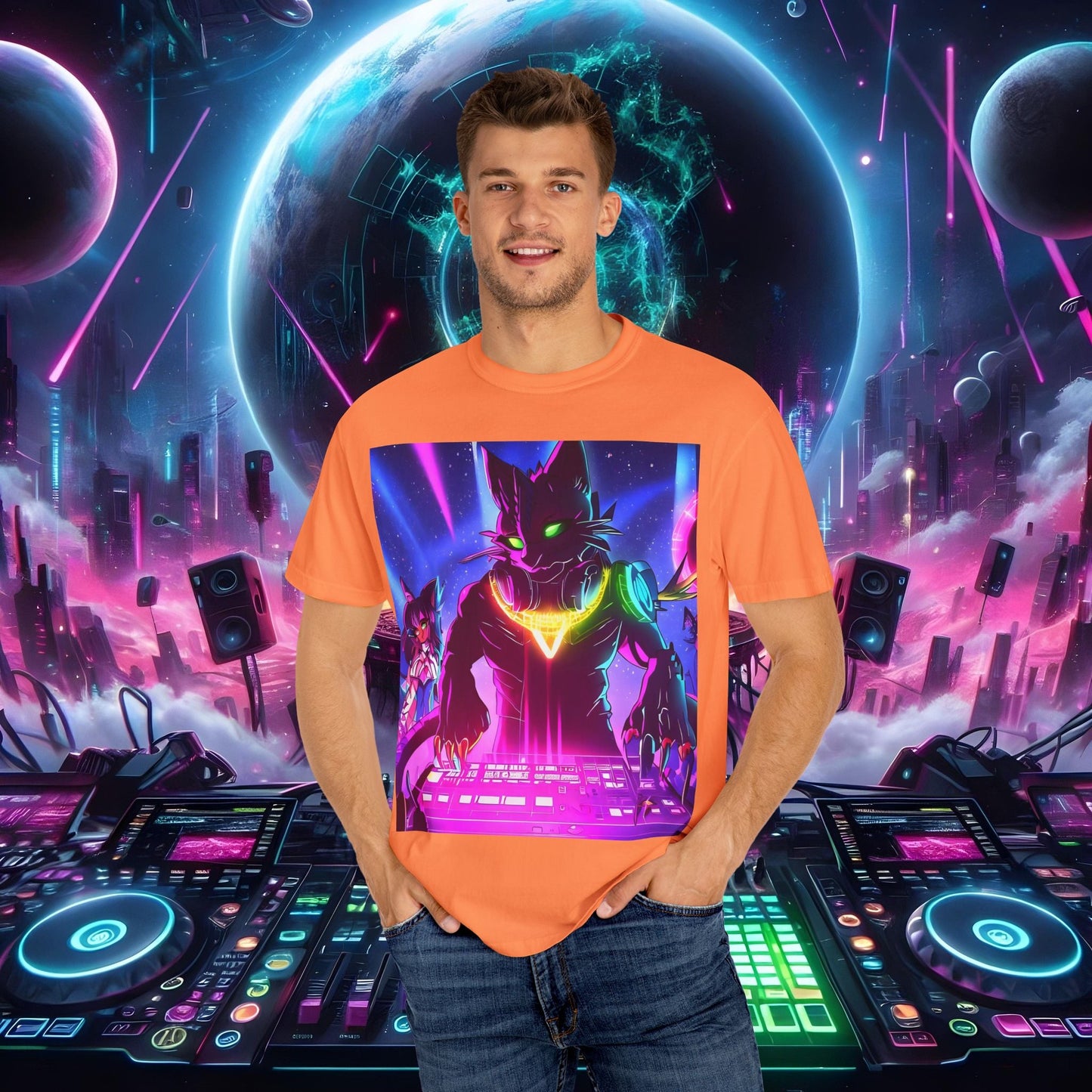 Space Cat Rave Drip - Black Drip Cat Green Eyes DJ - Unisex T-Shirt - Space Cat Rave Drip - T-Shirt - Printify