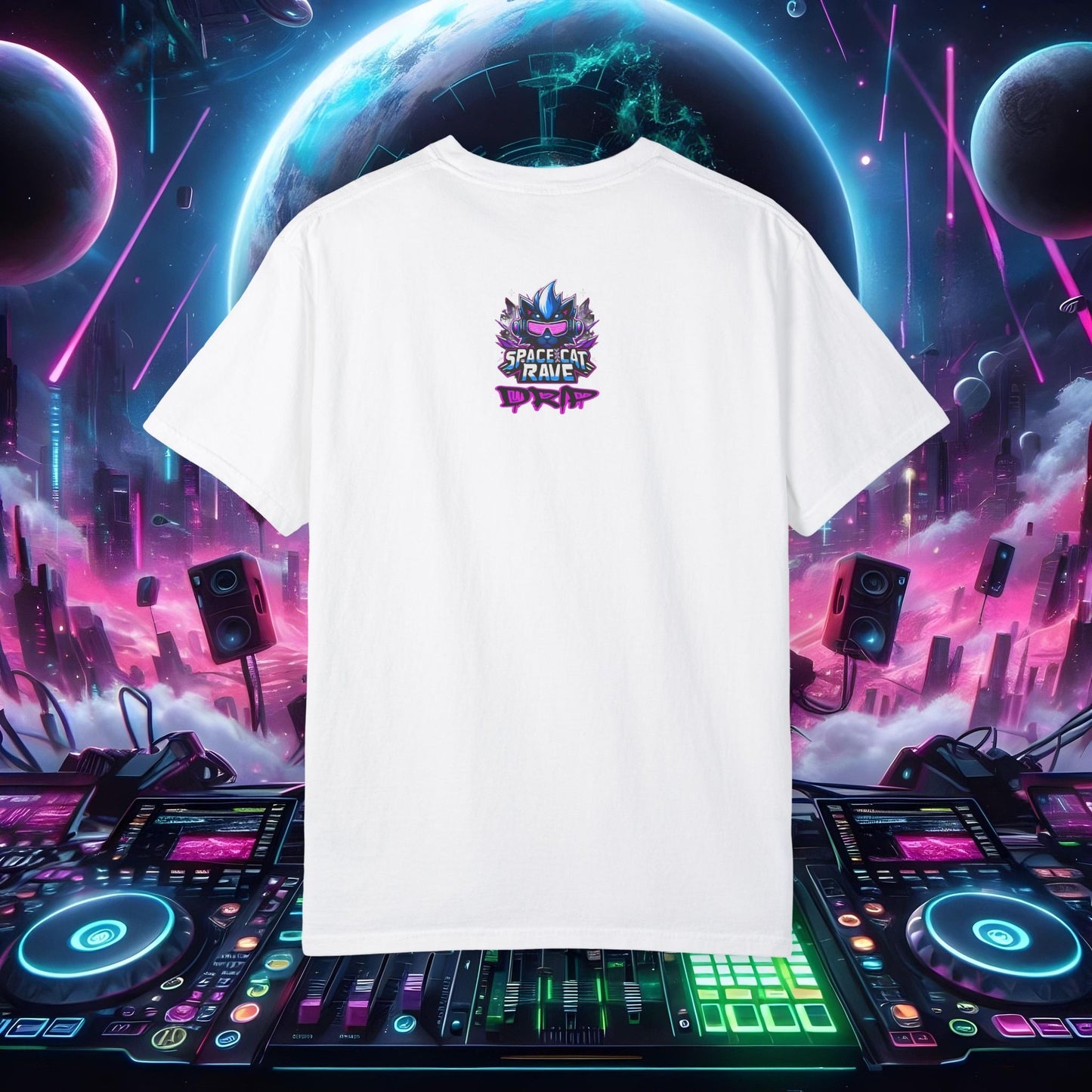 Space Cat Rave Drip - Black Drip Cat Green Eyes DJ - Unisex T-Shirt - Space Cat Rave Drip - T-Shirt - Printify