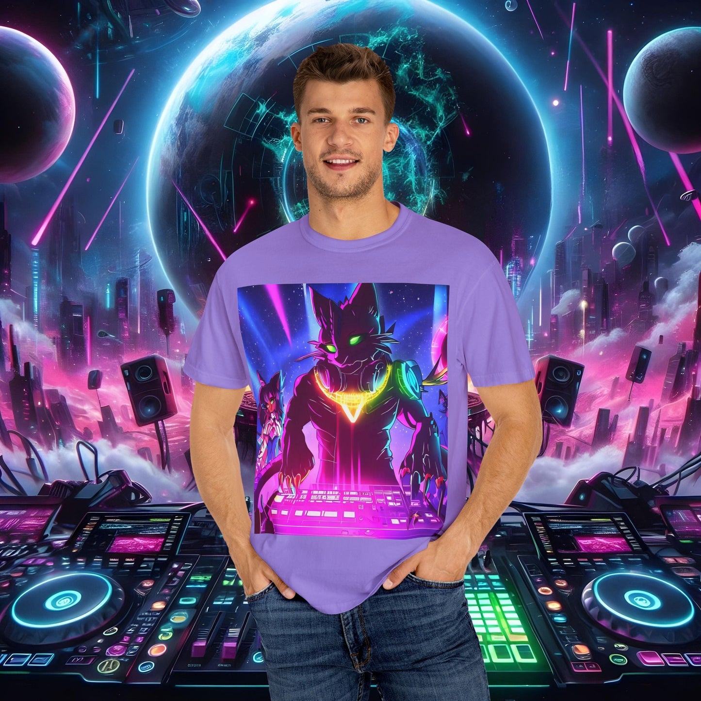 Space Cat Rave Drip - Black Drip Cat Green Eyes DJ - Unisex T-Shirt - Space Cat Rave Drip - T-Shirt - Printify