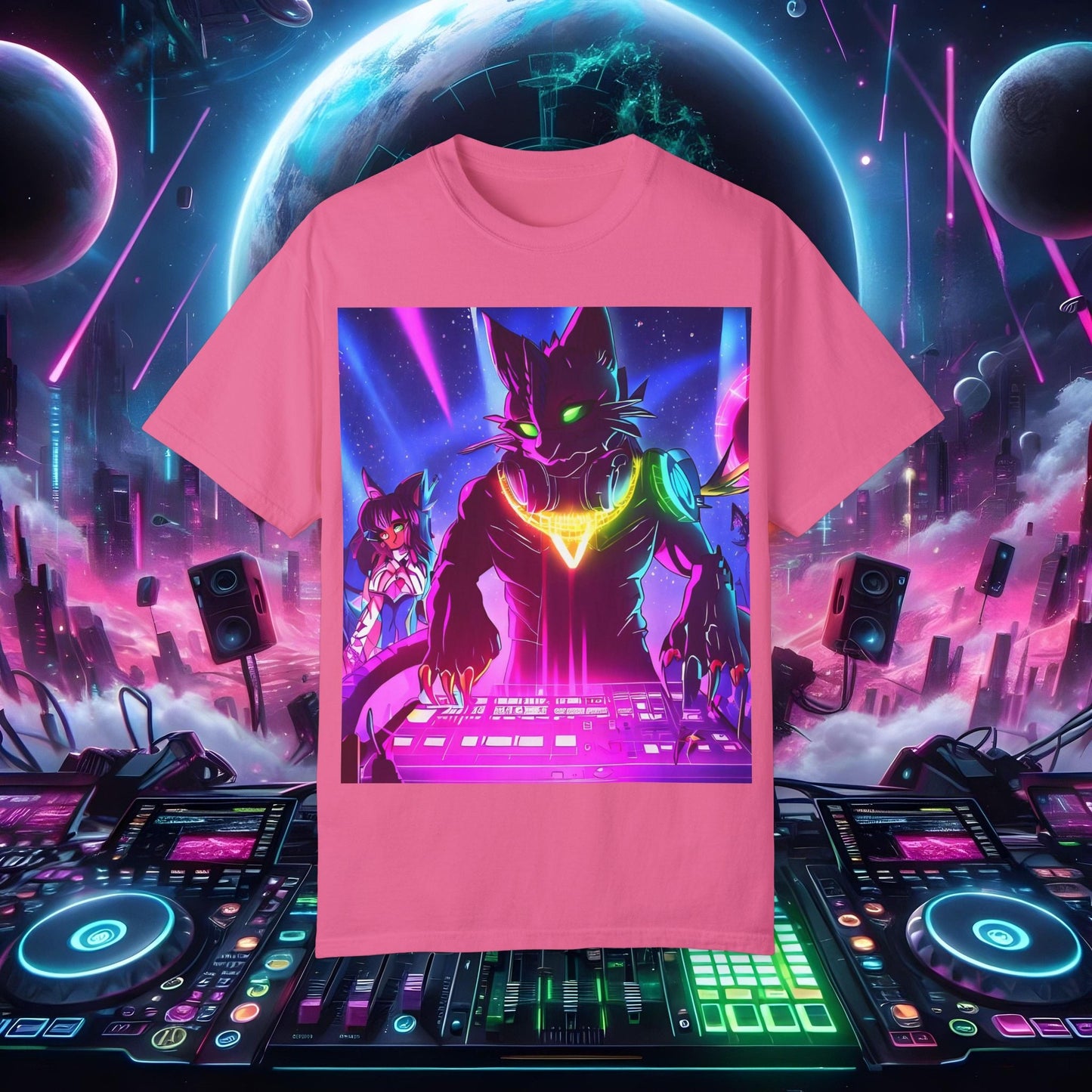 Space Cat Rave Drip - Black Drip Cat Green Eyes DJ - Unisex T-Shirt - Space Cat Rave Drip - T-Shirt - Printify