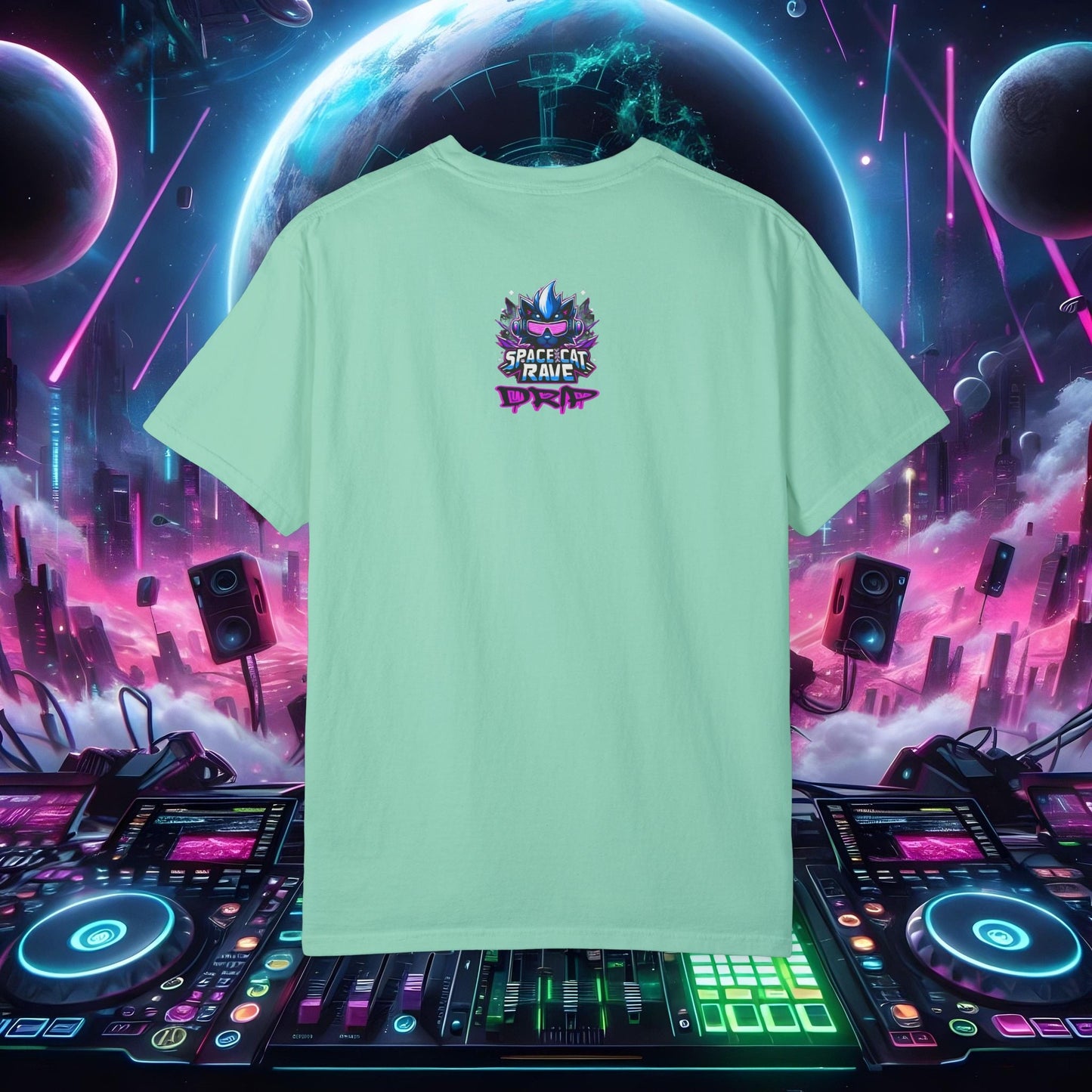 Space Cat Rave Drip - Black Skull Cat Red Eyes DJ - Unisex T-Shirt - Space Cat Rave Drip - T-Shirt - Printify