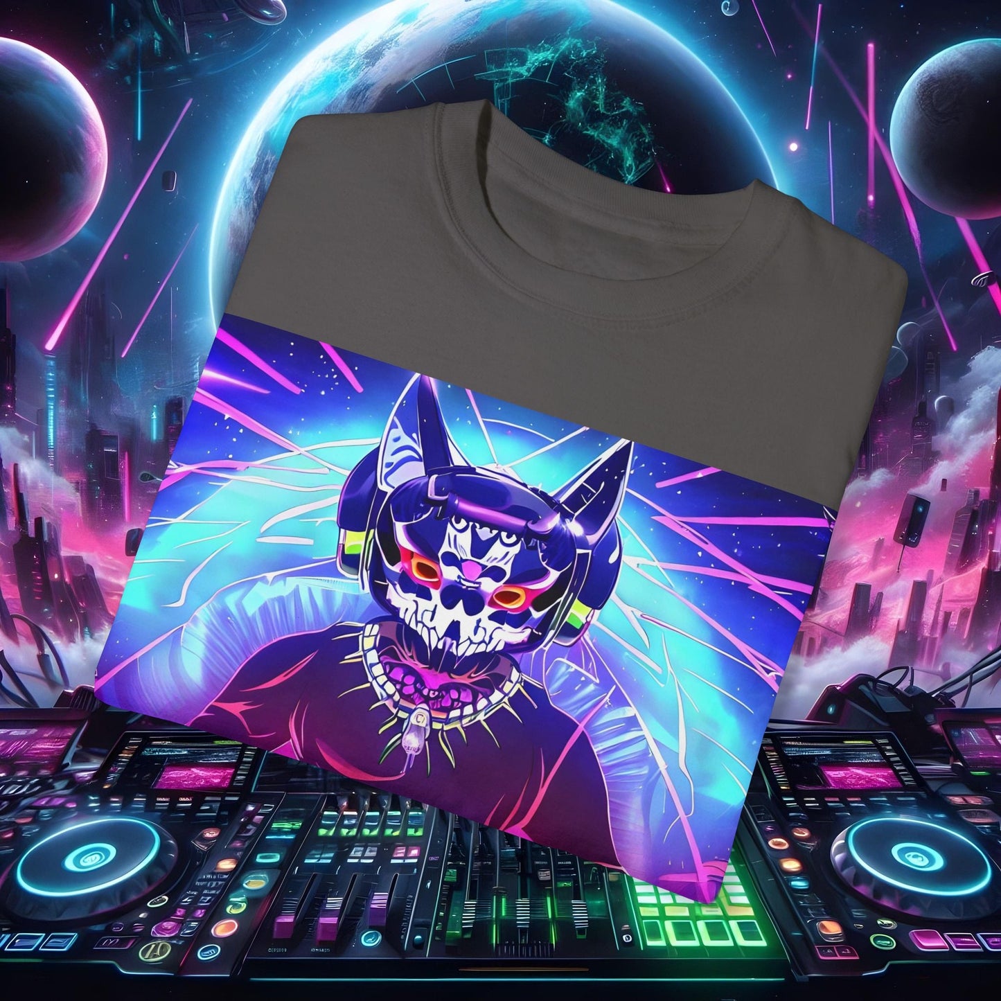 Space Cat Rave Drip - Black Skull Cat Red Eyes DJ - Unisex T-Shirt - Space Cat Rave Drip - T-Shirt - Printify