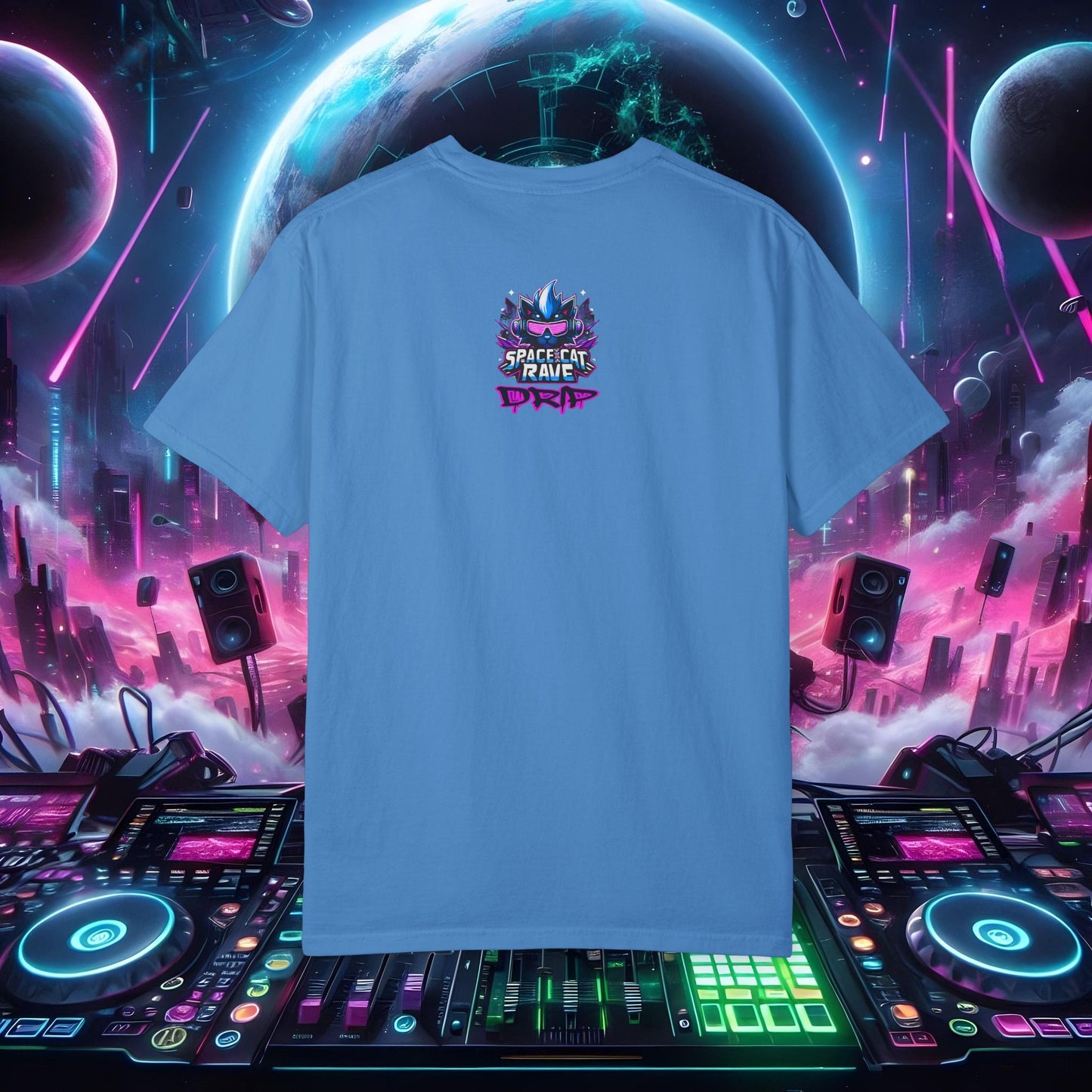 Space Cat Rave Drip - Black Skull Cat Red Eyes DJ - Unisex T-Shirt - Space Cat Rave Drip - T-Shirt - Printify