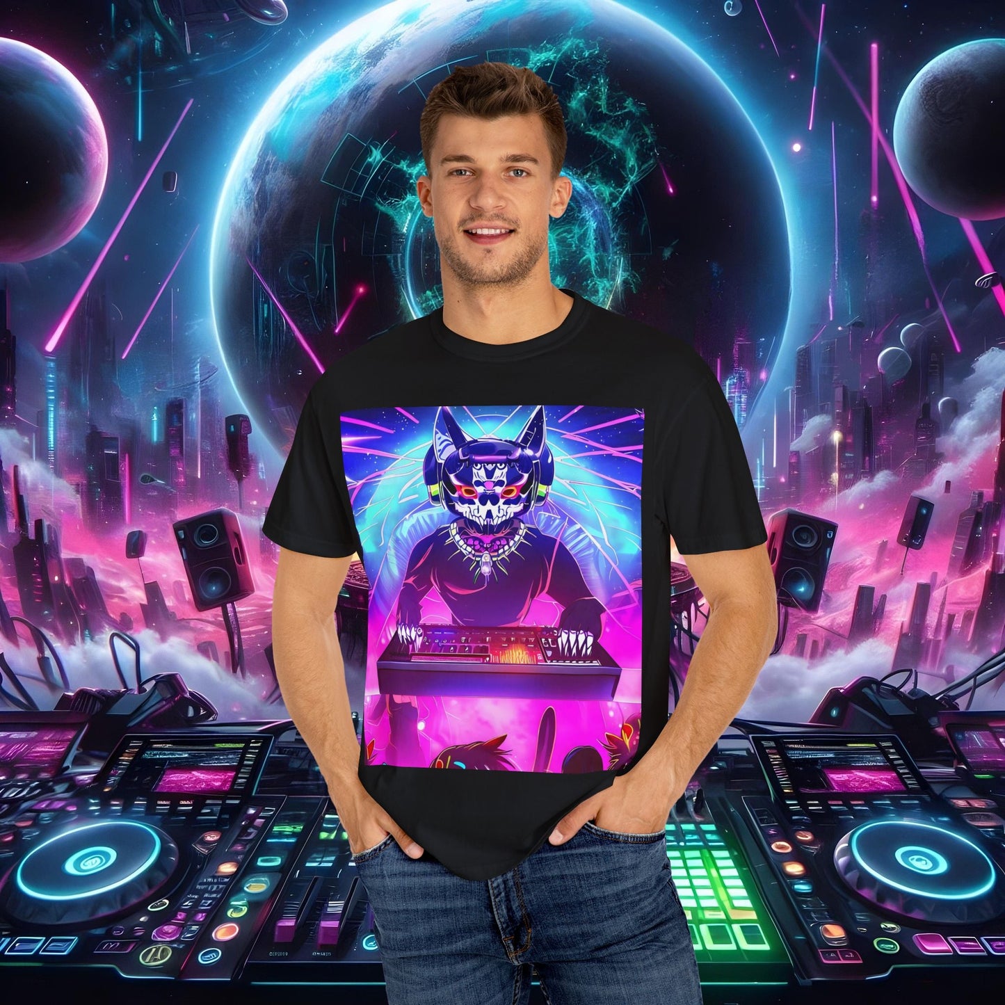 Space Cat Rave Drip - Black Skull Cat Red Eyes DJ - Unisex T-Shirt - Space Cat Rave Drip - T-Shirt - Printify
