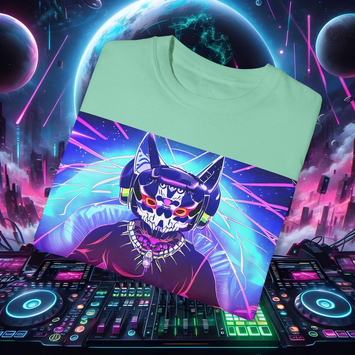 Space Cat Rave Drip - Black Skull Cat Red Eyes DJ - Unisex T-Shirt - Space Cat Rave Drip - T-Shirt - Printify