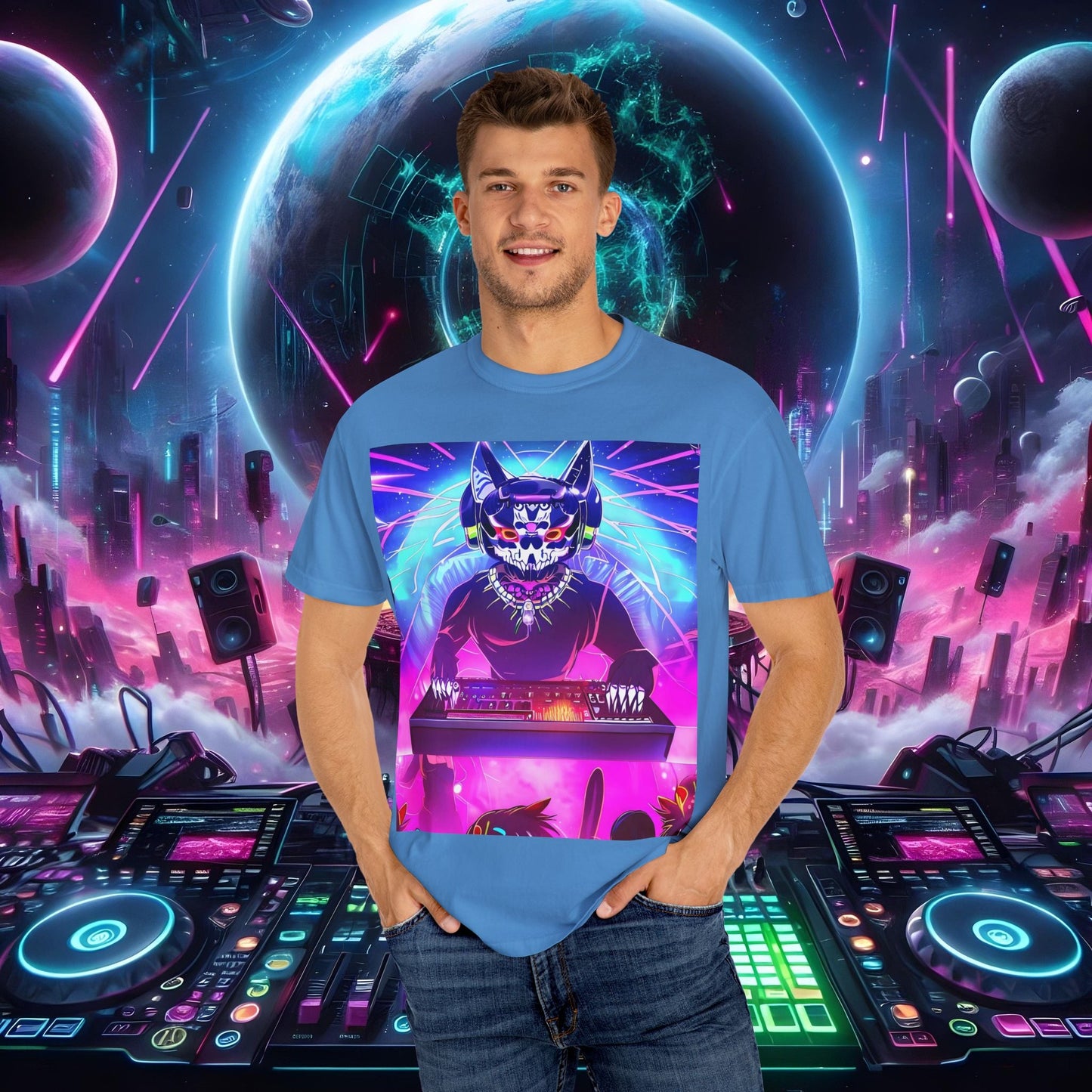 Space Cat Rave Drip - Black Skull Cat Red Eyes DJ - Unisex T-Shirt - Space Cat Rave Drip - T-Shirt - Printify